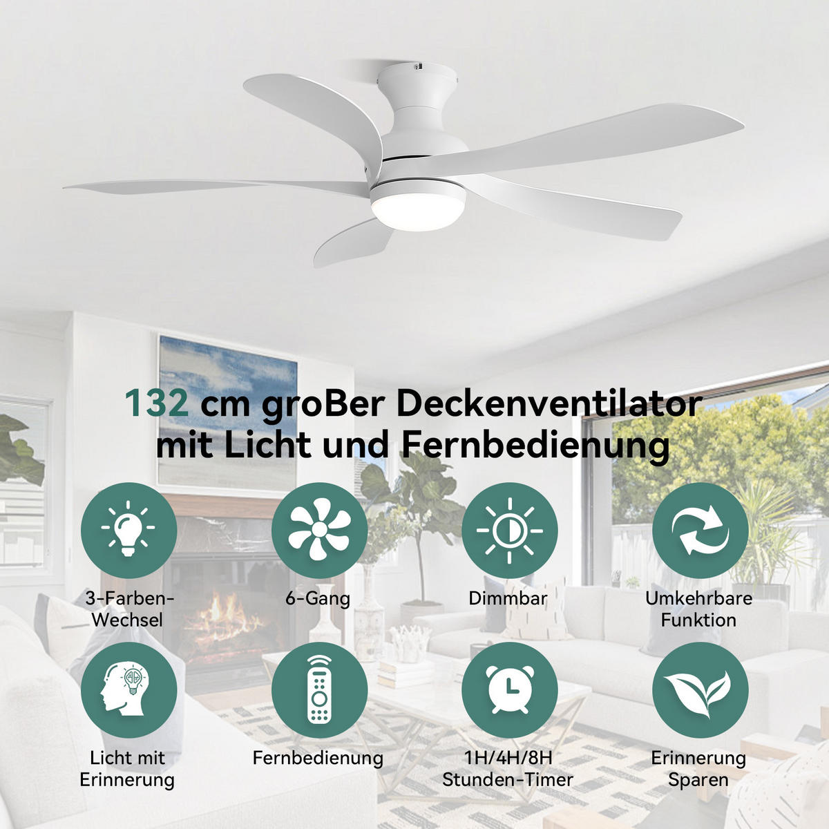 DECKENVENTILATOR 132cm LED Licht Fernbedienung DC Motor Weiß Timer - Weiß, Kunststoff (132/132/30.5cm) - CASIVA