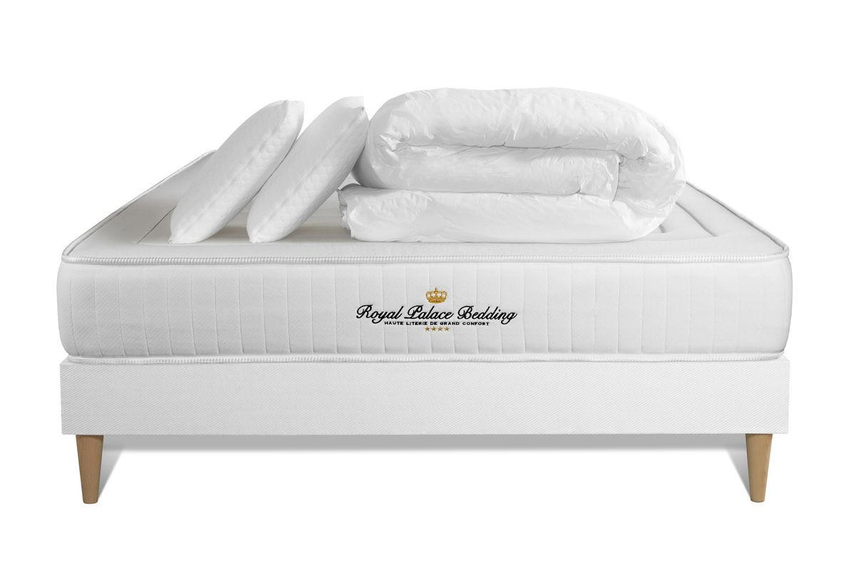 BETT Lancaster Taschenfederkern und Memory-Schaum 160 x 200 cm h3 - Kit Bettgestell Weiß - Mit Kissen und Bettdecke - Beige/Weiß, Karton/Holz (160/200cm) - ROYAL PALACE BEDDING