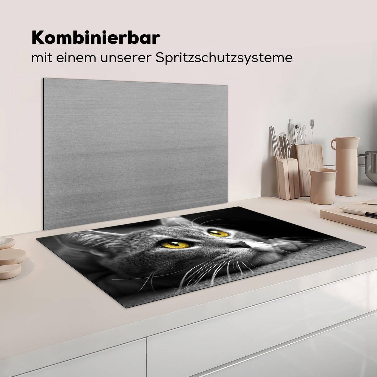 HERDABDECKPLATTE Katze - Grau - Tiere - Katze Ceranfeldabdeckung 85x52 cm - Grau, Kunststoff (85/52/0.2cm) - MuchoWow