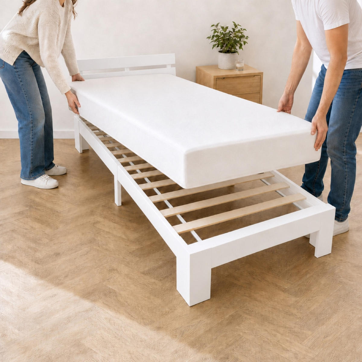 POSTELJA Bela masiven bor z letvenim dnom 90x200 cm - bela, les - Relaxdays