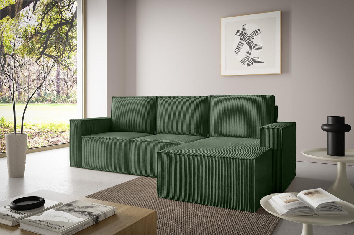 ECKSOFA Orto Grün, Dreisitzer Kordecksofa linke seite - Grün, Holzwerkstoff/Textil (180/142cm) - Bettso