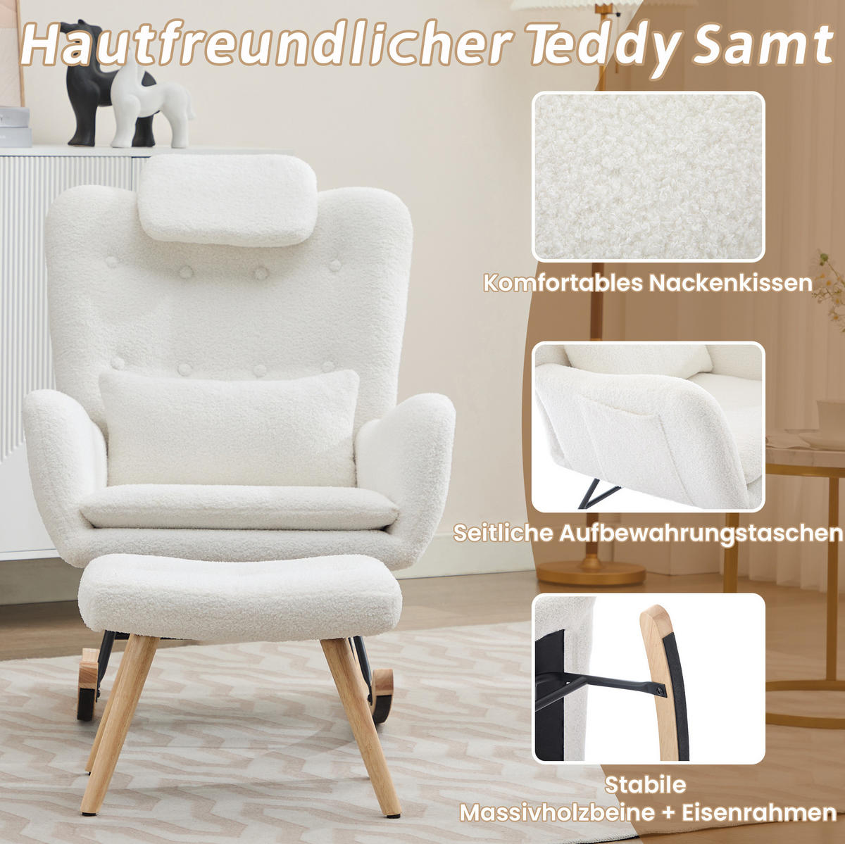 SCHAUKELSTUHL 73/92/102 cm in Weiß mit Hocker und Seitentasche - Weiß, Textil (92/102/73cm) - Flora Grace