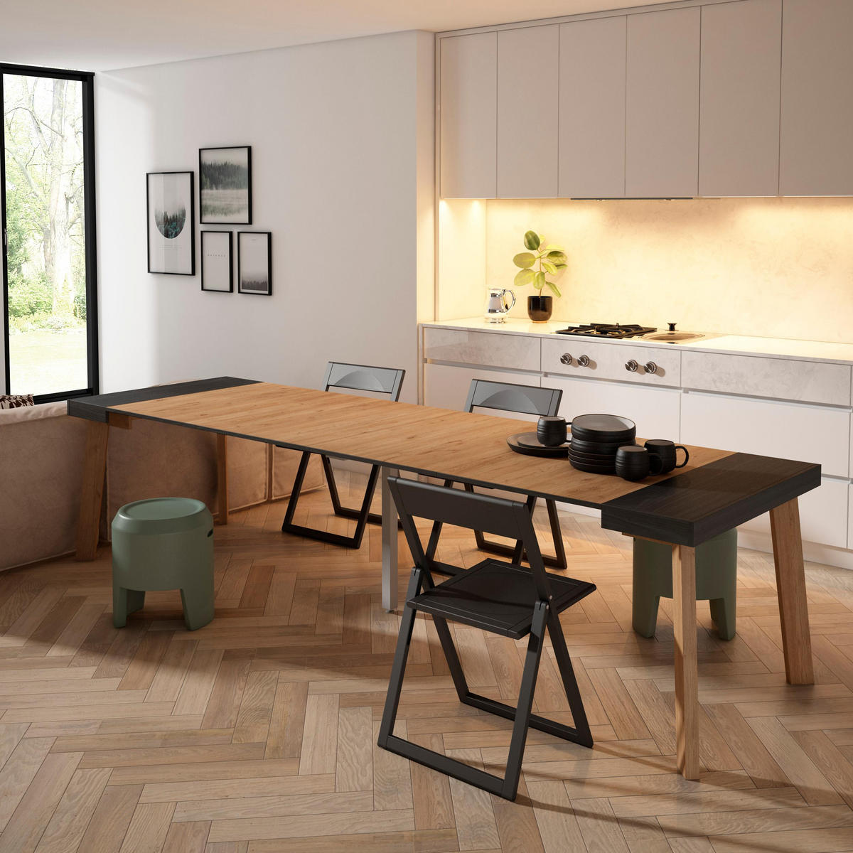 KONSOLENTISCH ausziehbar 58 bis 302cm, für 14 Gäste, schwarz eiche, 90/58/73cm - Eichefarben/Schwarz, Holzwerkstoff (90/302/73cm) - Skraut Home