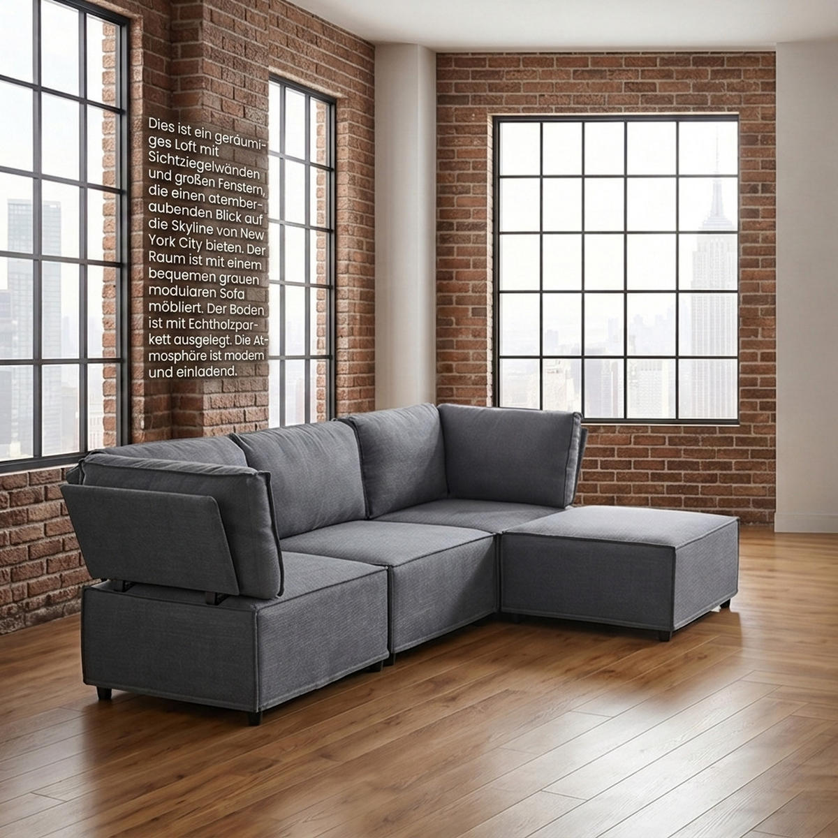 ECKSOFA 238/154/75 cm Dunkelgrau Leinen mit 1 Fußhocker - Dunkelgrau, Textil (238/154cm) - Oxeza