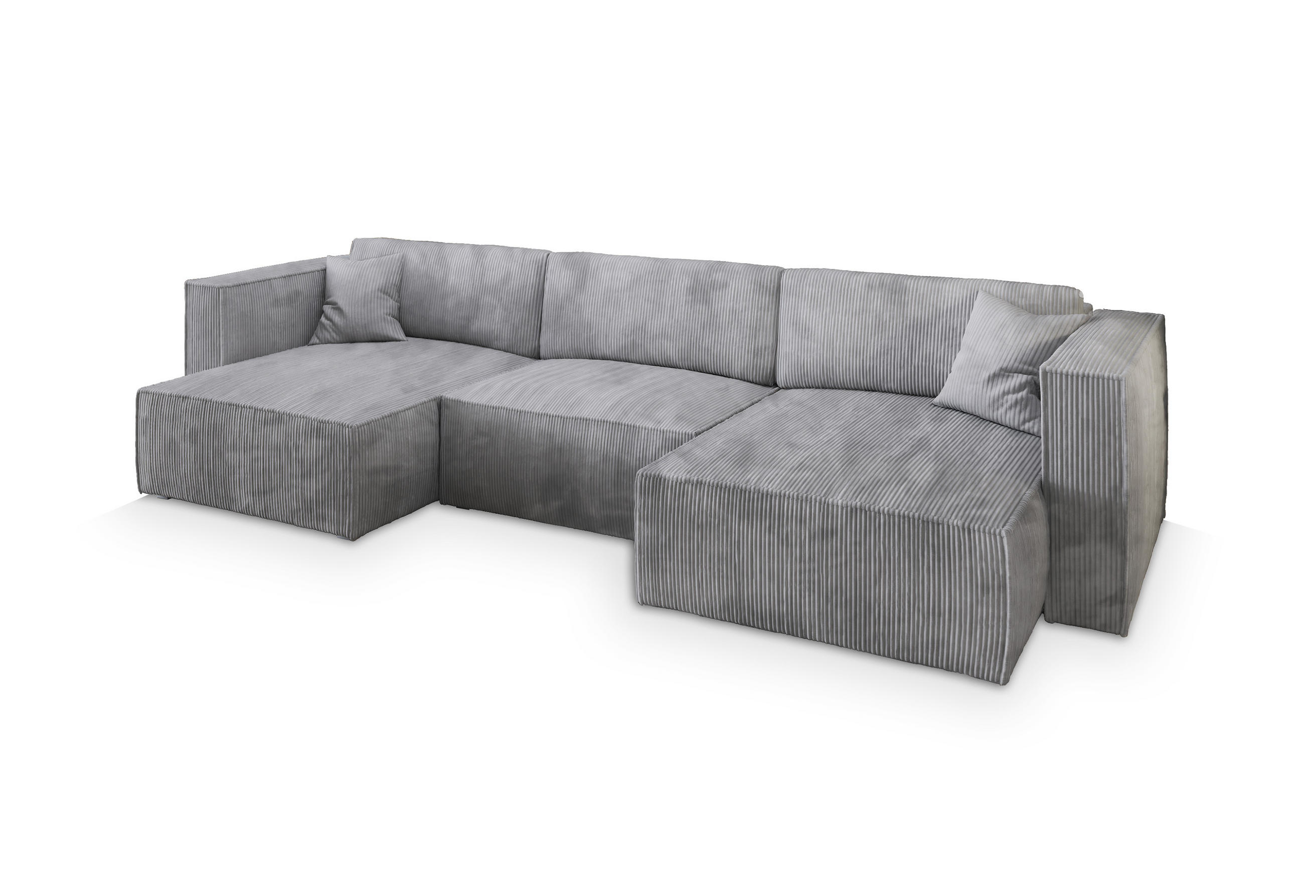 WOHNLANDSCHAFT SARMO P Hellgrau Kordstoff mit Schlaffunktion - Hellgrau, Holz (347/70/148cm) - MASSENO
