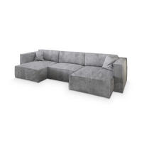 WOHNLANDSCHAFT SARMO P Hellgrau Kordstoff mit Schlaffunktion - Hellgrau, Holz (347/70/148cm) - MASSENO