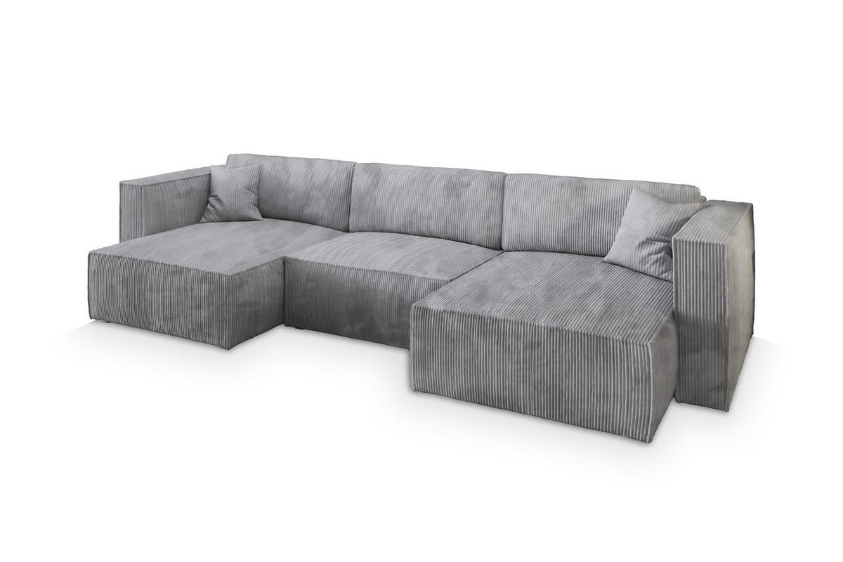 WOHNLANDSCHAFT SARMO P Hellgrau Kordstoff mit Schlaffunktion - Hellgrau, Holz (347/70/148cm) - MASSENO