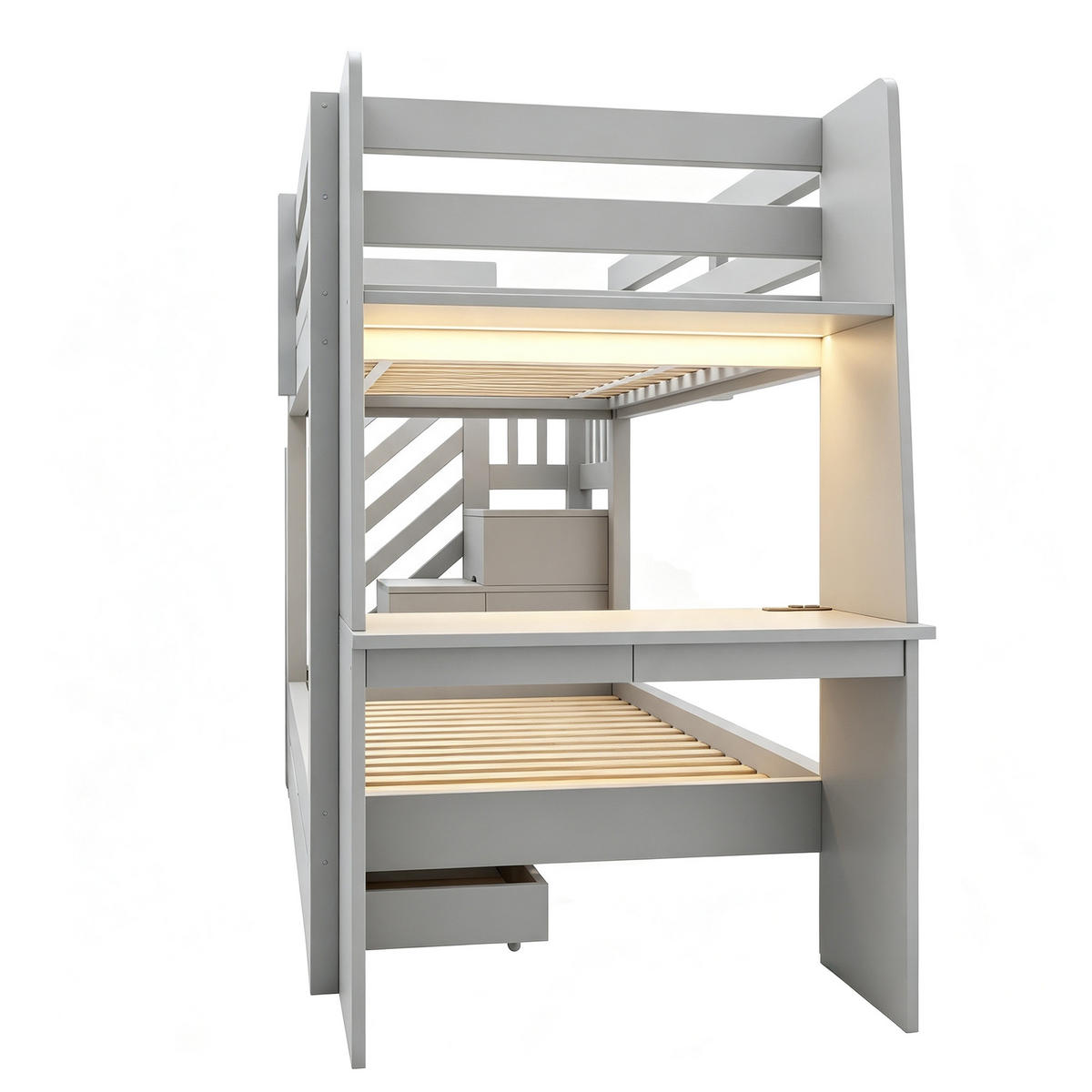 ETAGENBETT 90/200 cm mit Schreibtisch und LED, DE-41592, in Grau - Grau, Holzwerkstoff (90/200cm) - ComfortXL