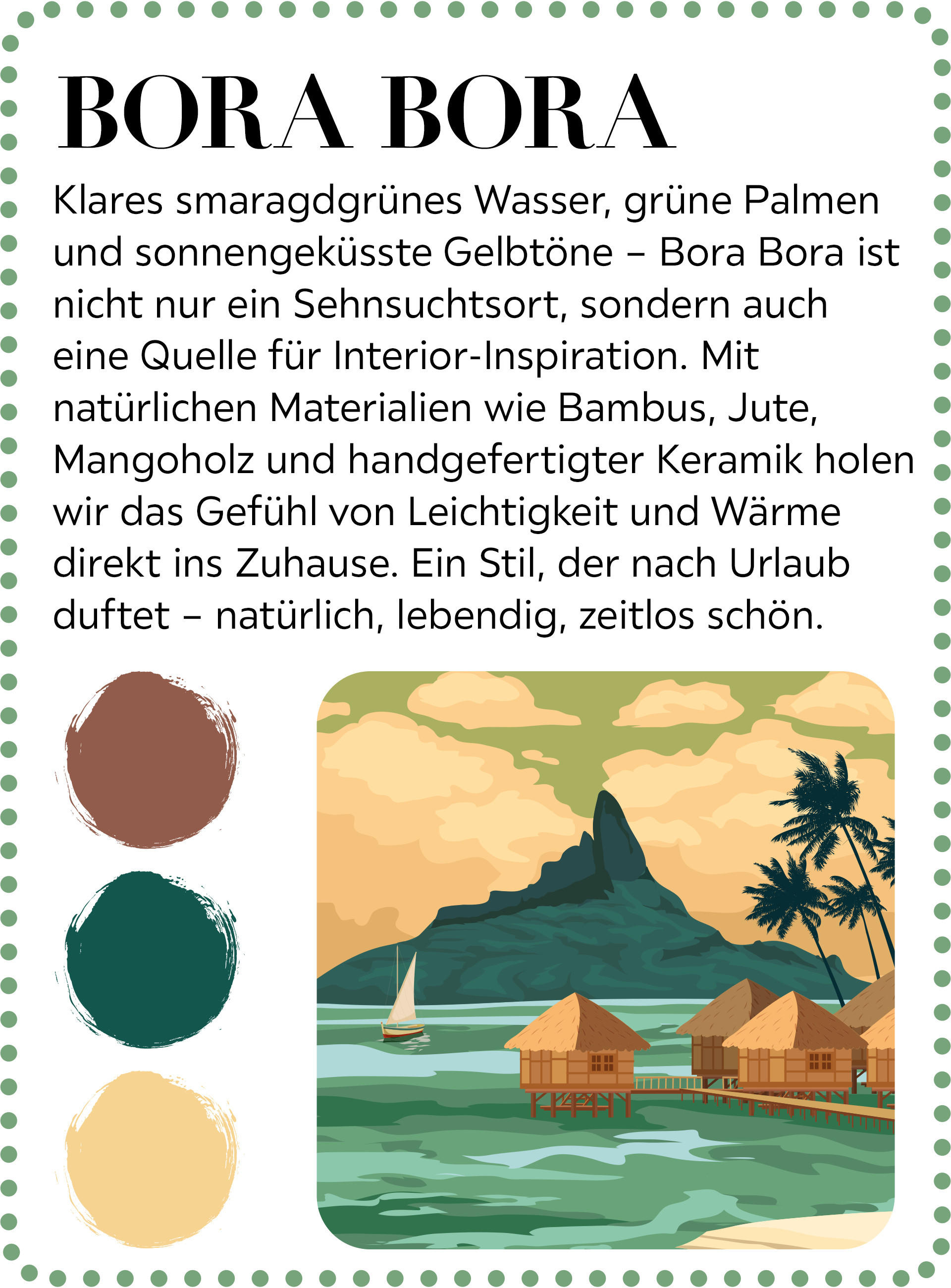 Bora Bora mit smaragdgrünem Wasser, grünen Palmen, gelben Sonnenakzenten und über Wasser gebauten Bungalows vor Bergkulisse