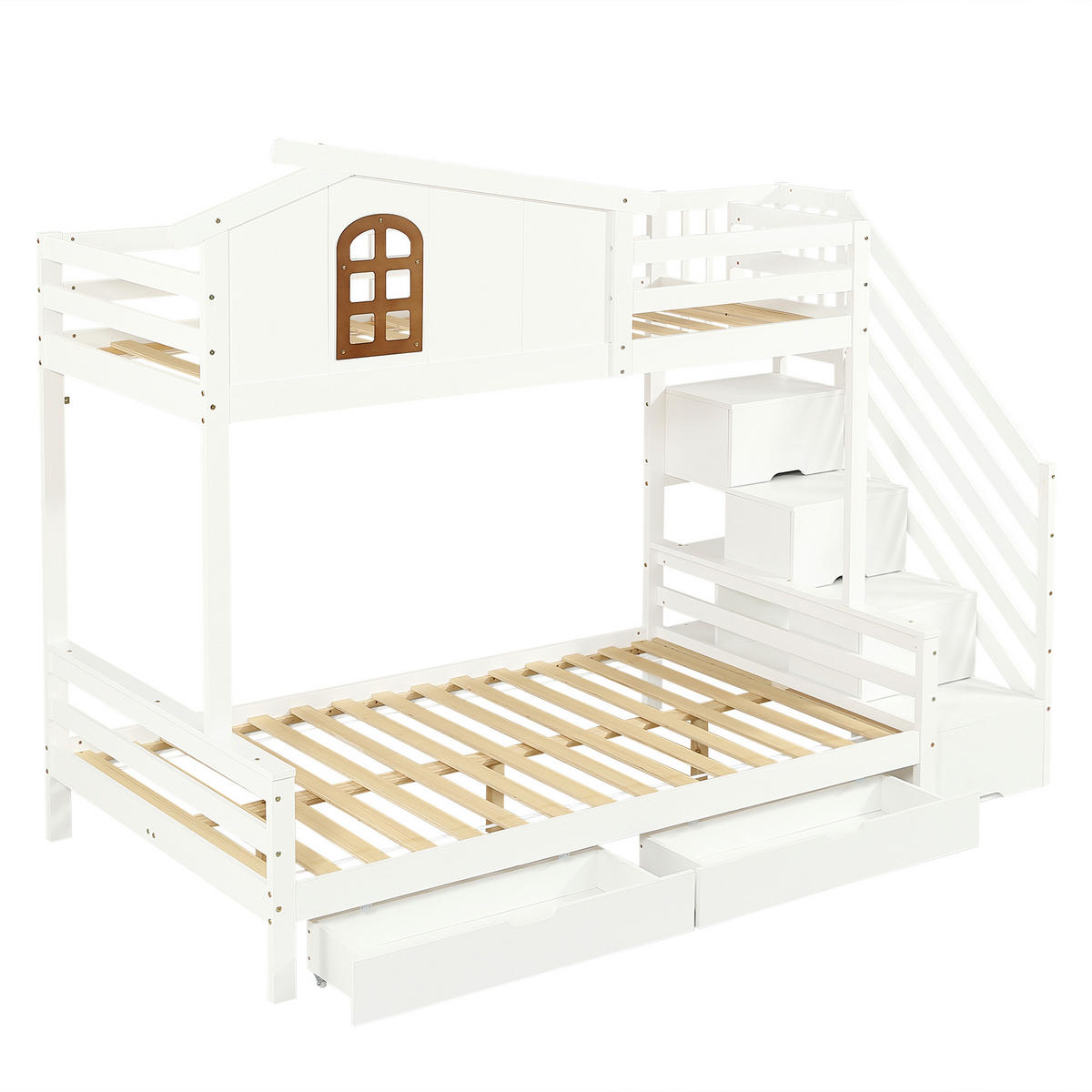 ETAGENBETT 90/200 cm & 120/200 cm in Weiß & Natur mit 2 Schubladen und Eck-Leiterschrank - Weiß, Holz/Holzwerkstoff (90/200cm) - STILVORA