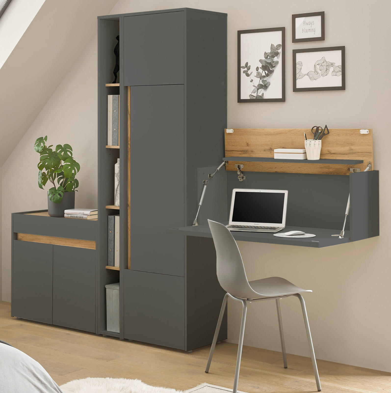 AKTENSCHRANK Set 4-teilig grau matt, Eiche Wotan 250 cm, Büromöbelkombination mit Sekretär und viel Stauraum - Eiche Wotan/Schwarz, Holzwerkstoff/Kunststoff (250/200/40cm) - Furn.Design