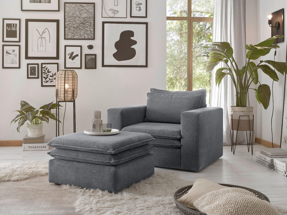 LOVESEAT Set grau Cord, Loungesessel inklusive Hocker - Beige/Grau, Holz/Kunststoff (110/83/161cm) - Furn.Design