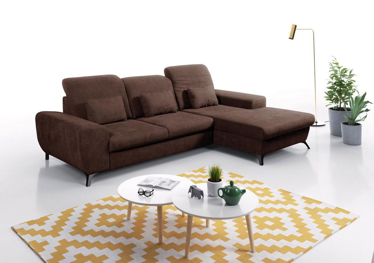 ECKSOFA LUCE R-S Braun Plüsch-Stoff mit Schlaffunktion - Braun, Holz (279/172cm) - MASSENO