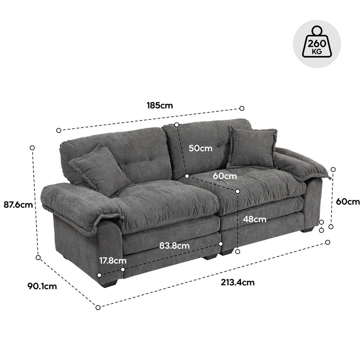 2-SITZER Sofa Chenille mit tiefem Sitz, Memory-Schaum 213,4/90,1/87,6 cm Schwarz - Schwarz, Textil (90.1/87.6/213.4cm) - Redom