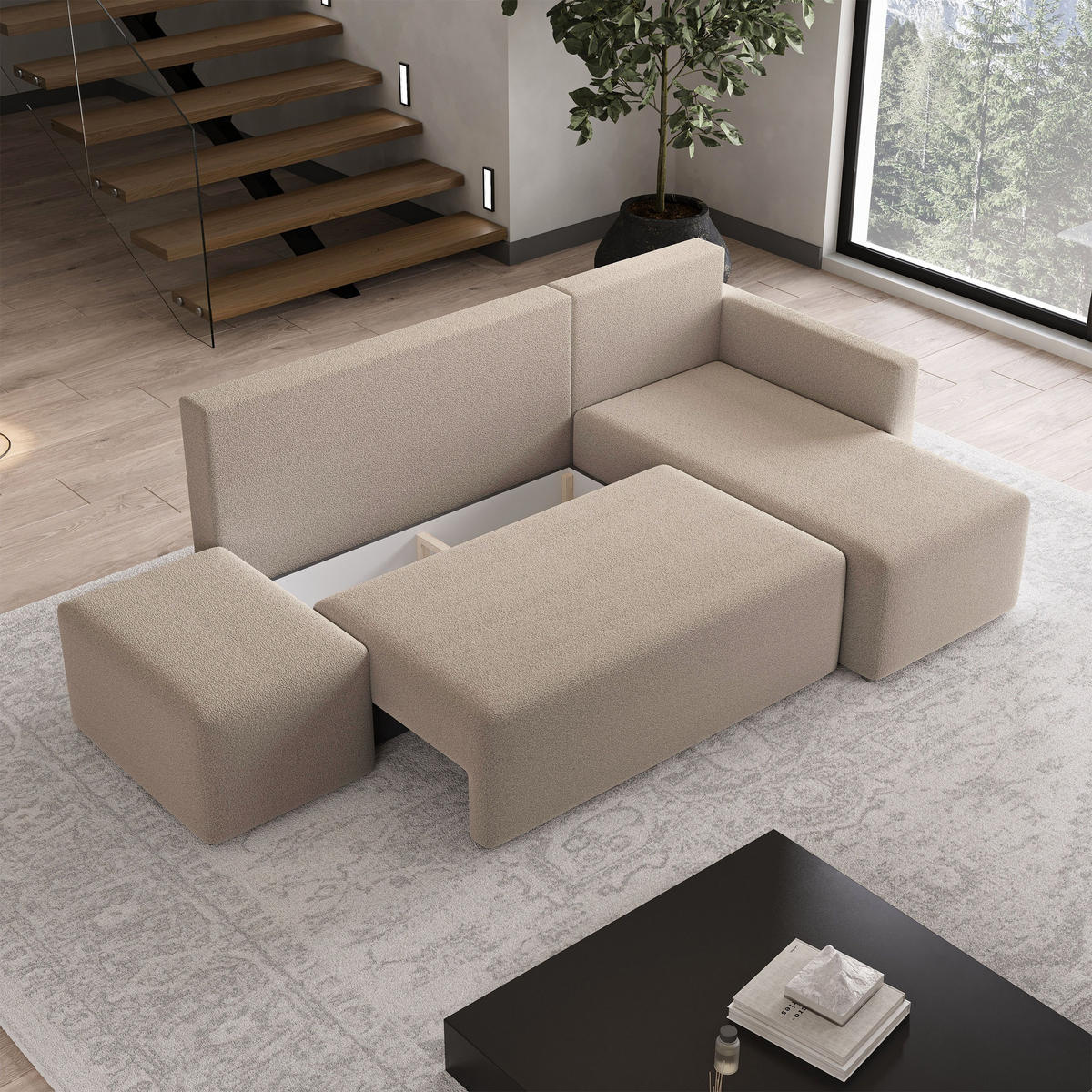 ECKSOFA VELOTTI R-S Beige Boucle-Stoff mit Schlaffunktion - Beige, Holz (261/143cm) - MASSENO