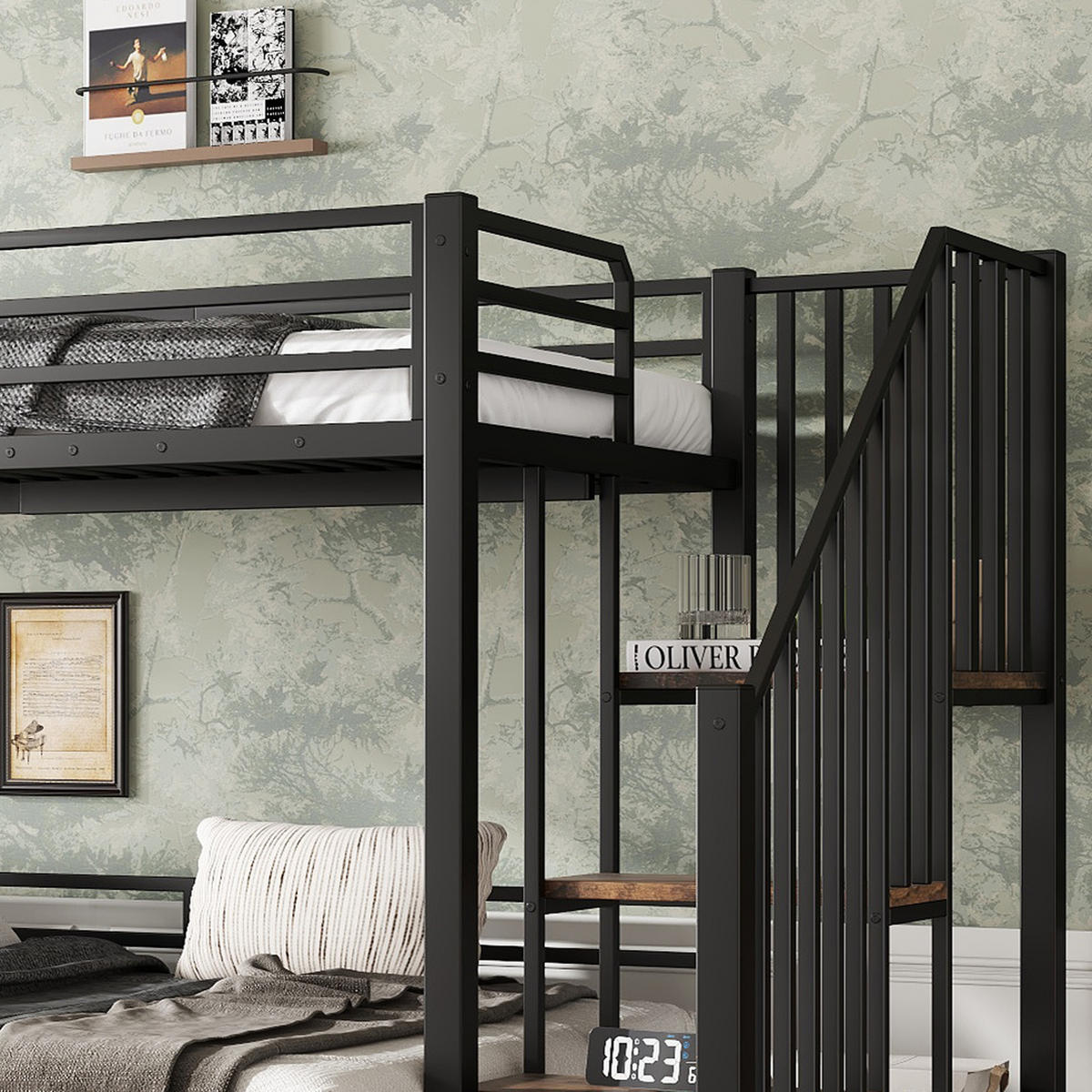 ETAGENBETT 90/200 cm & 120/200 cm in Schwarz & Vintage-Holzfarbe mit Eckleiter, Stauraum und Sicherheitsgittern - Schwarz, Holzwerkstoff/Metall (90/200cm) - STILVORA