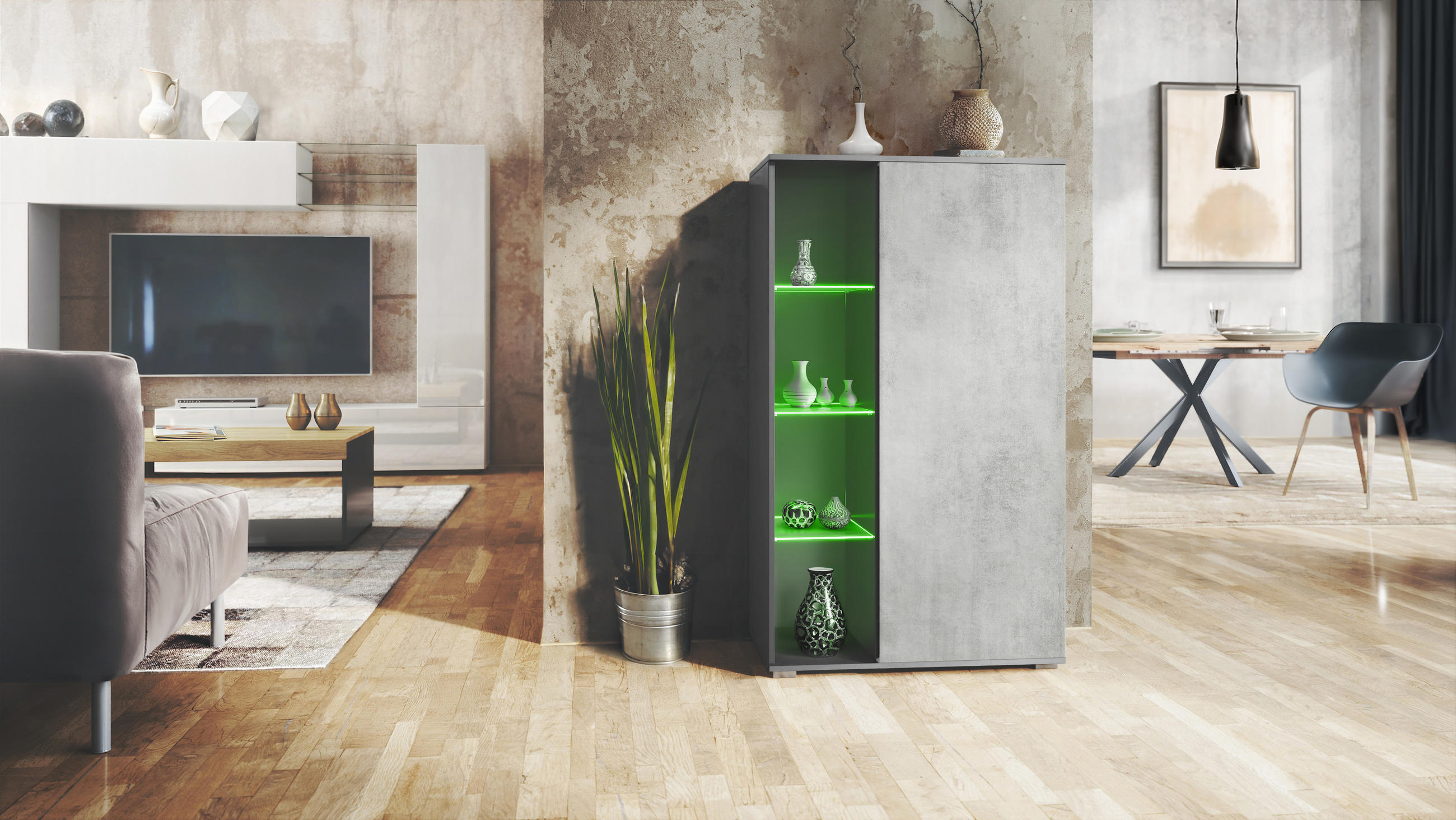 VITRINE Davos Beton Oxid Optik - Hellgrau, Holzwerkstoff (71.5/134/35cm) - Vladon