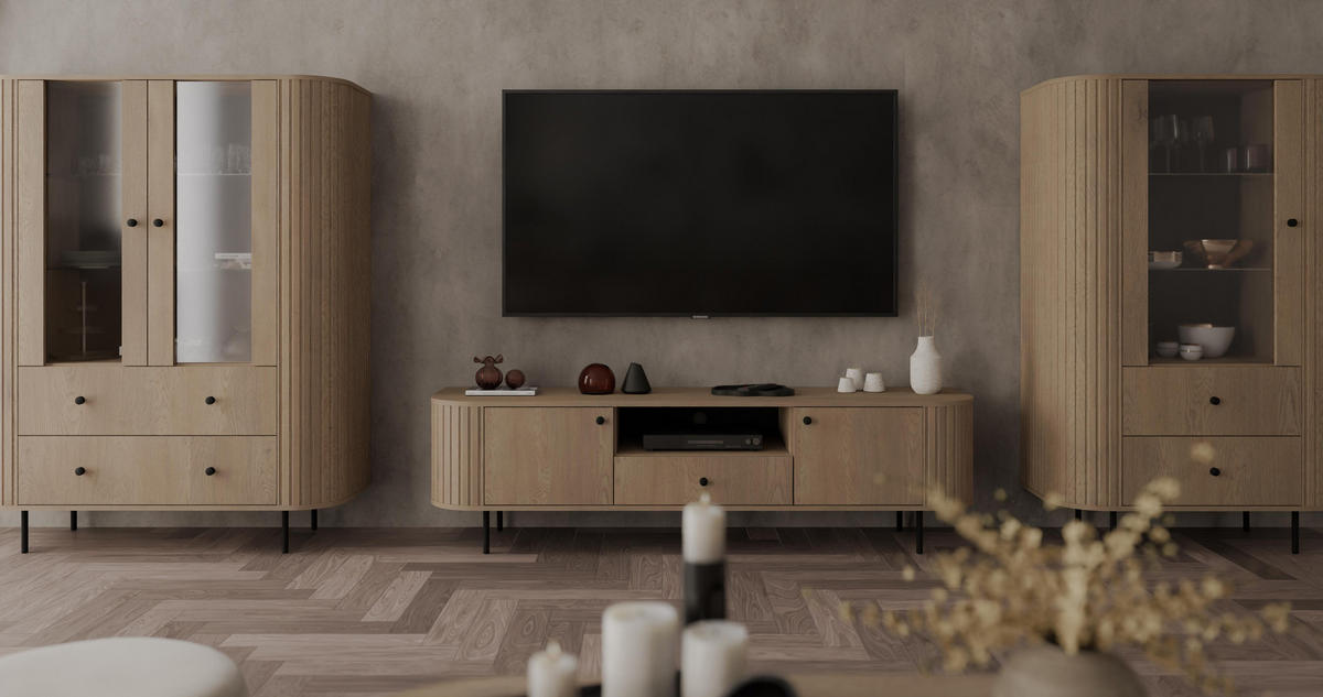 VITRINE Halay Eiche Cremona, 1 Tür & 2 Schubladen Moderne Rillenstruktur, mit runden Kanten - Eichefarben/Schwarz, Holzwerkstoff/Metall (97.4/155/42.3cm) - AX Living