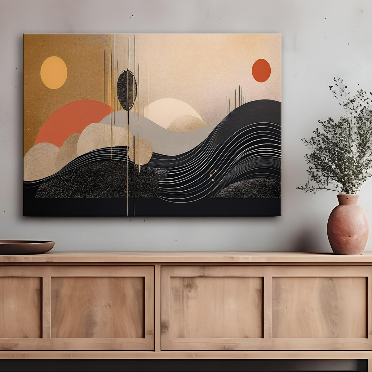 WANDBILD kreise linien geometrische abstraktion - Grau, Textil (60/40cm) - Feeby