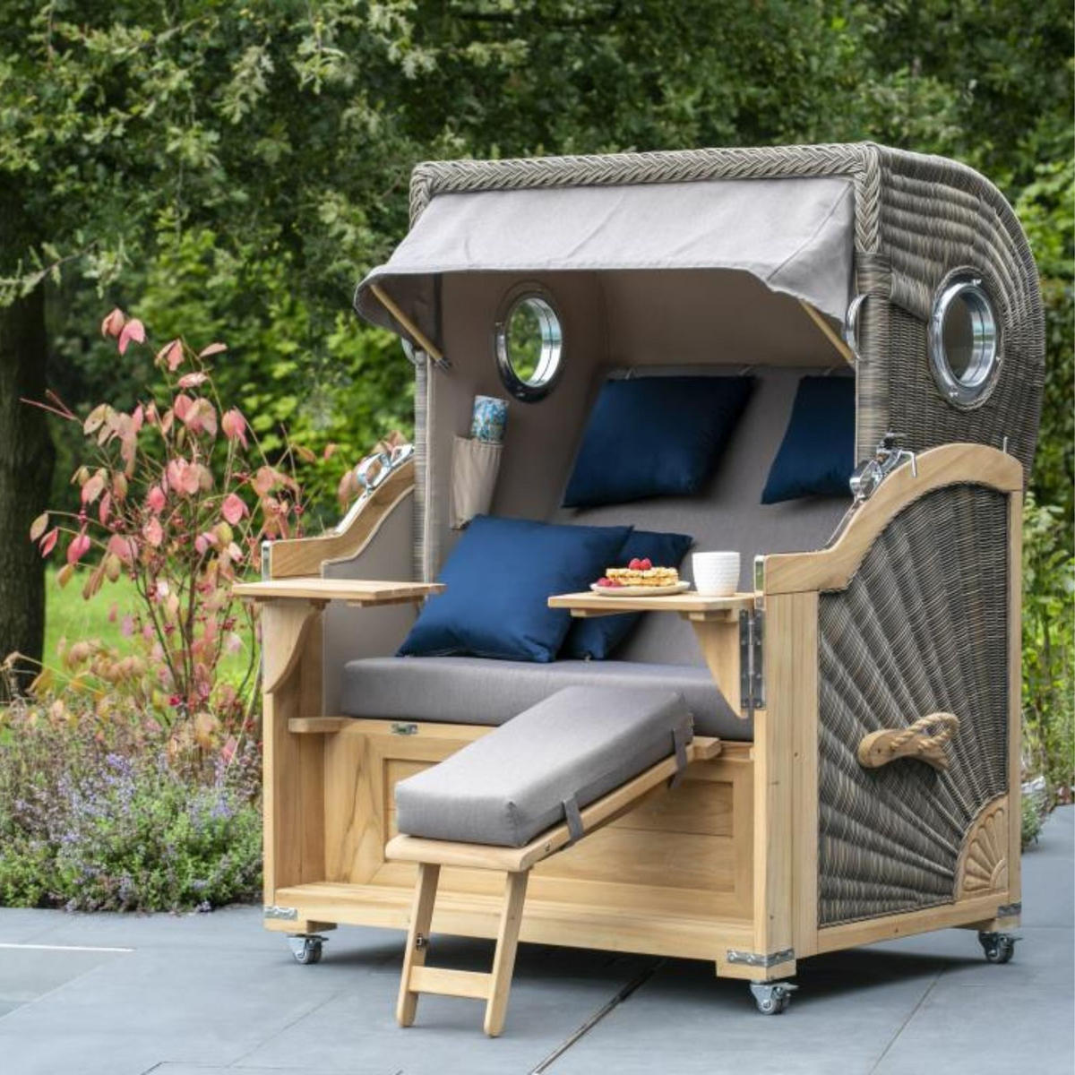 STRANDKORB Düne Grande Bullauge Teak PE Grey Dessin 589 - Braun/Grau, Metall (142/170/95cm) - Mr. Deko