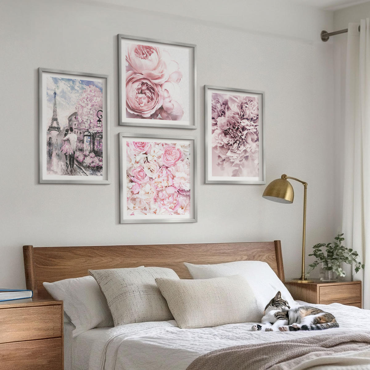 WANDBILDER 4er Set - 50x50 cm & 40x60 cm Silberner Rahmen - Rosa Blumen, romantische Landschaft - Silberfarben, Kunststoff (50/50cm) - ArtPrintCave