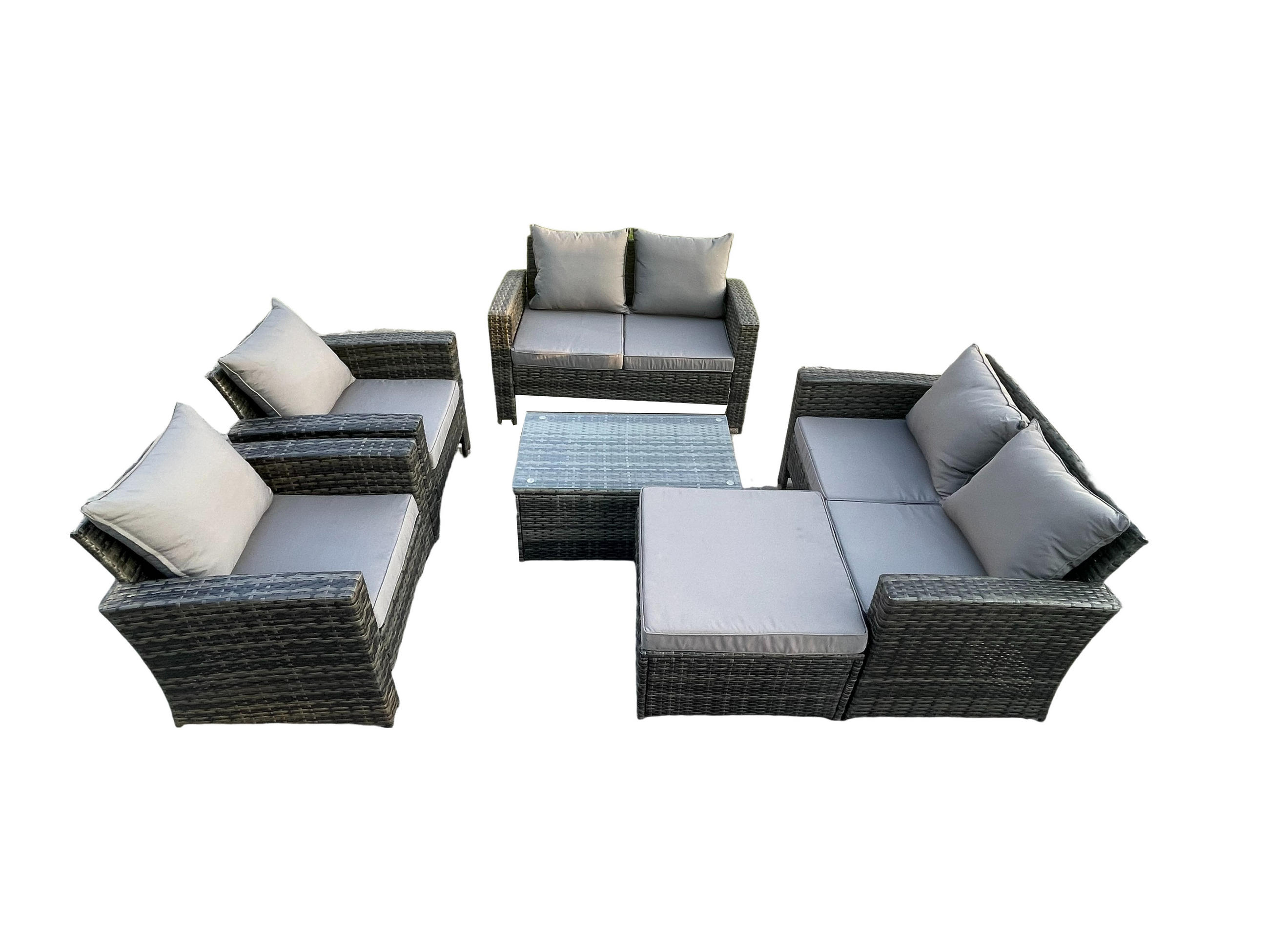 GARTENSOFA STUHL SET MIT COUCHTISCH HOCKER Polyrattan Dunkelgrau Gemischt 7-Sitzer - Dunkelgrau, Metall - Fimous