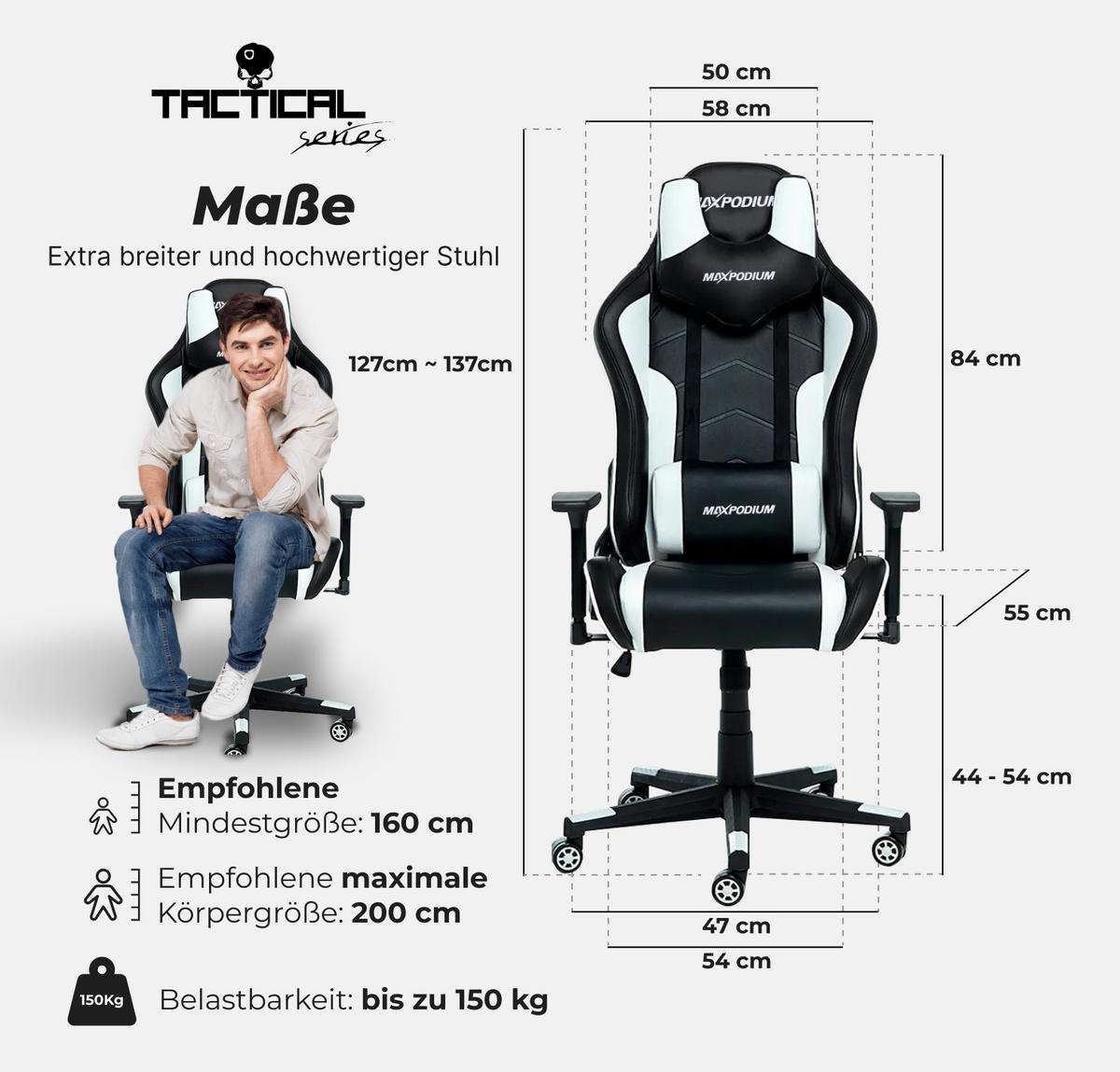 GAMING-STUHL Tactical Schwarz Weiß - Weiß, Metall (55/137/50cm) - MaxPodium