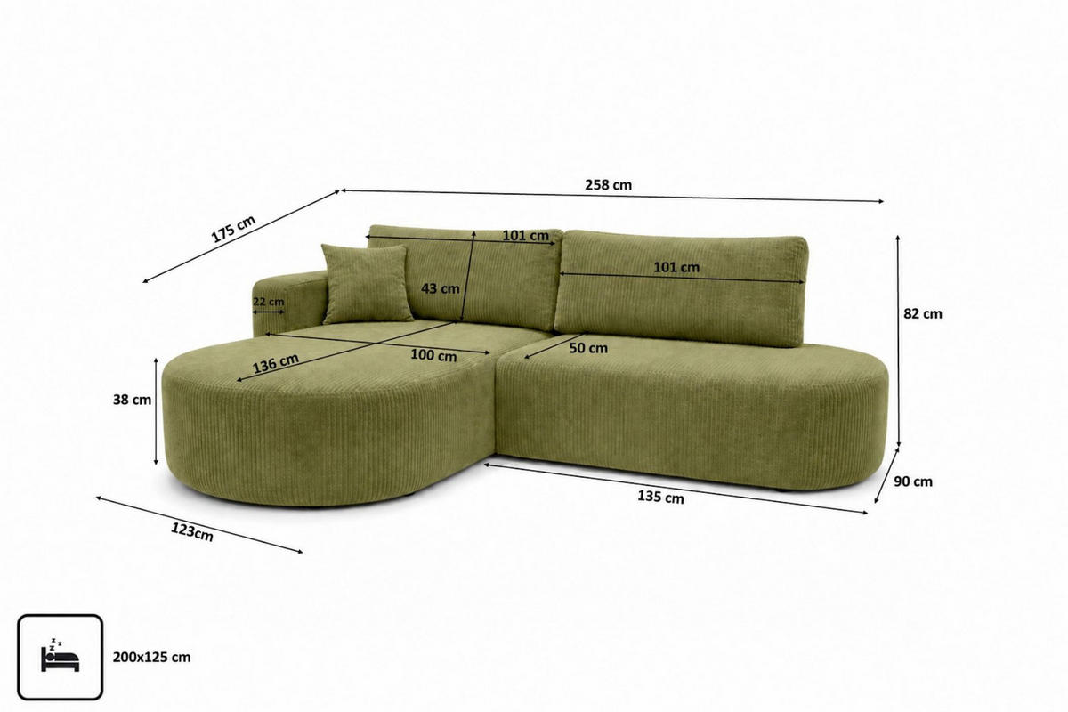 ECKSOFA Mit Schlaffunktion Und Bettkasten, Cordstoff Poso, Olive, Links, ROUND ONE OPEN XL - Olivgrün, Holz (258/175cm) - Kaiser Möbel