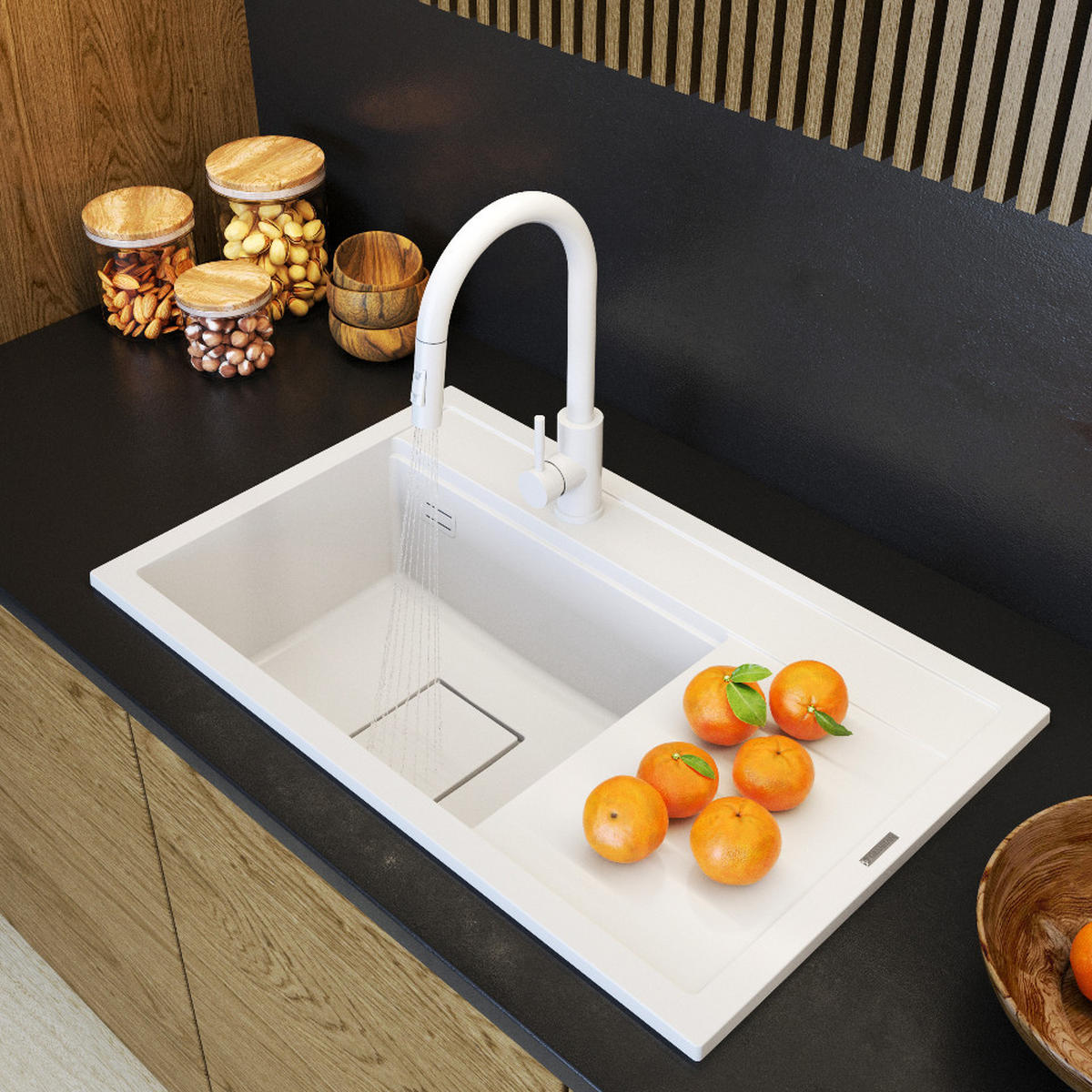 KÜCHENSPÜLE Rendo mit Siphon Batterie - Weiß, Kunststoff/Stein (51/22/81cm) - Granitan