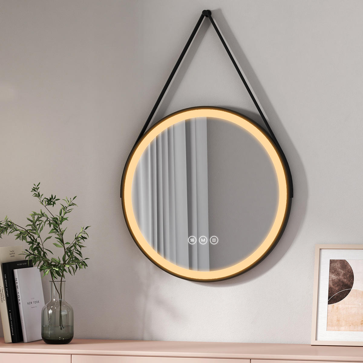BADSPIEGEL mit Touch-Schalter Beleuchtung mit Hängeriemen Schwarz ф60 cm - Schwarz, Glas (60/3.5/60cm) - EMKE