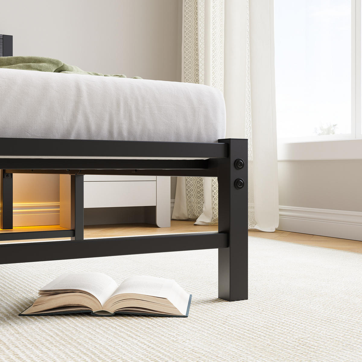 METALLBETT 90/200 cm in Schwarz mit LED und USB - Schwarz, Holzwerkstoff/Metall (90/200cm) - WISHDOR