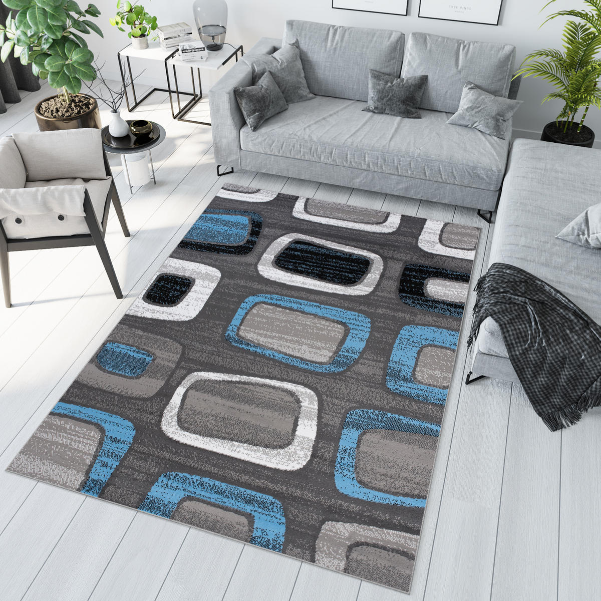 TEPPICH MAYA Blau Meliert Figuren 200/200 cm - Blau, Textil (200/200cm) - Tapiso