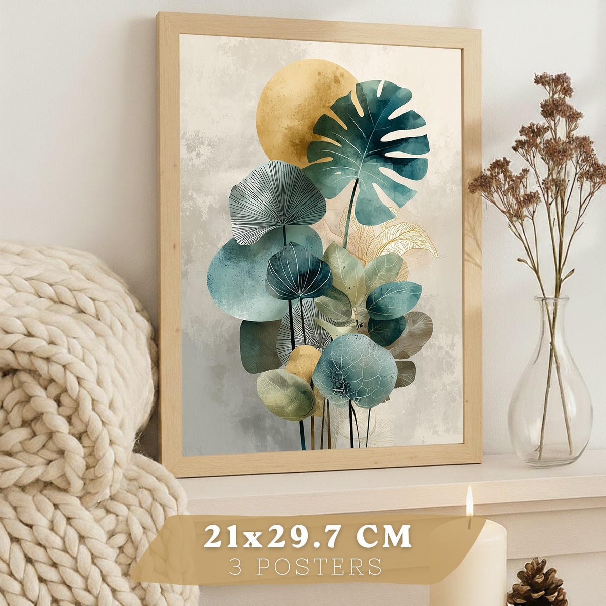PLAKAT Sada 3 Barevná botanika A3 Lehký dřevěný rám - béžová, papír (29.7/1/42cm) - Nacnic