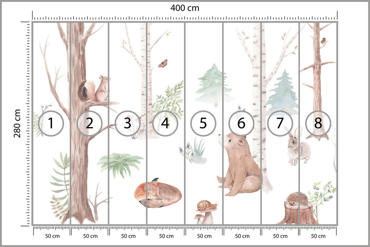 FOTOTAPETE für Kinderzimmer Wilde Waldtiere Aquarell Bäume 400x280 - Orange/Braun, Papier (400/280cm) - Muralo