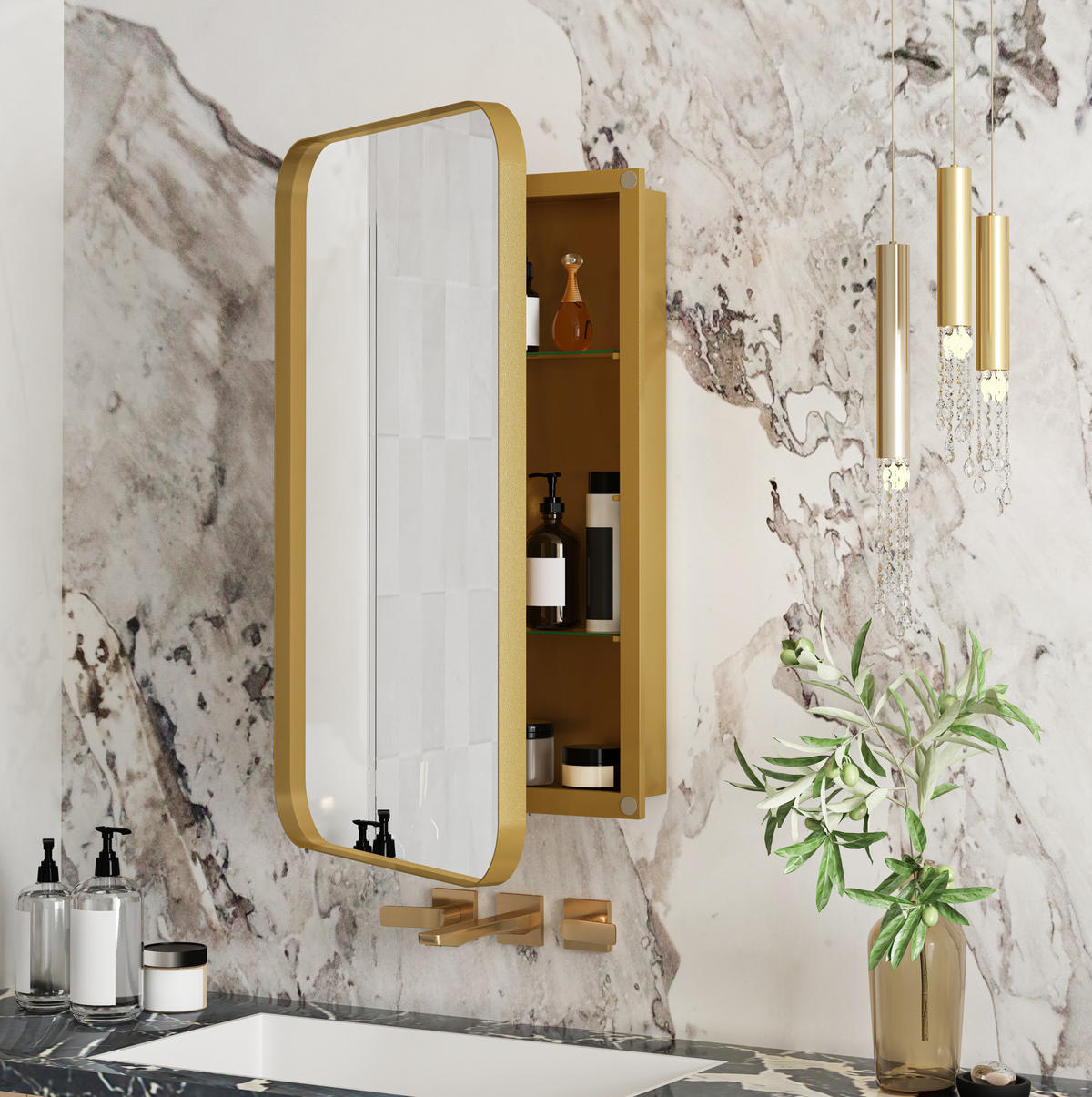 SPIEGELSCHRANK 76x51x12cm Gold mit Aufbewahrung - Wandspiegel für Badezimmer - Goldfarben, Glas (76/12/51cm) - Modfu