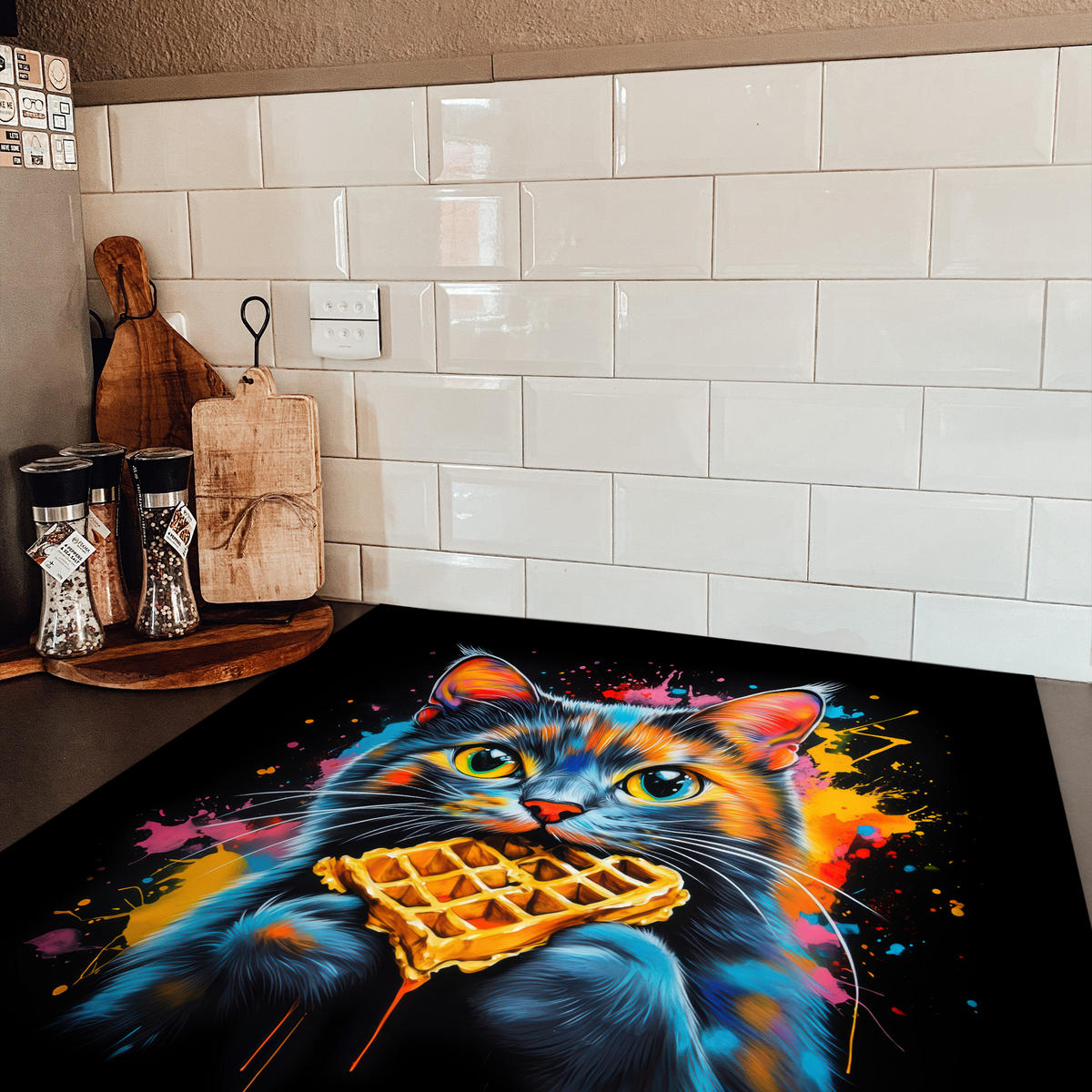 HERDABDECKPLATTE Katze - Graffiti - Bunt - Waffel - Essen Induktionsmatte 78x78 cm - Multicolor, Kunststoff (78/78/0.2cm) - MuchoWow