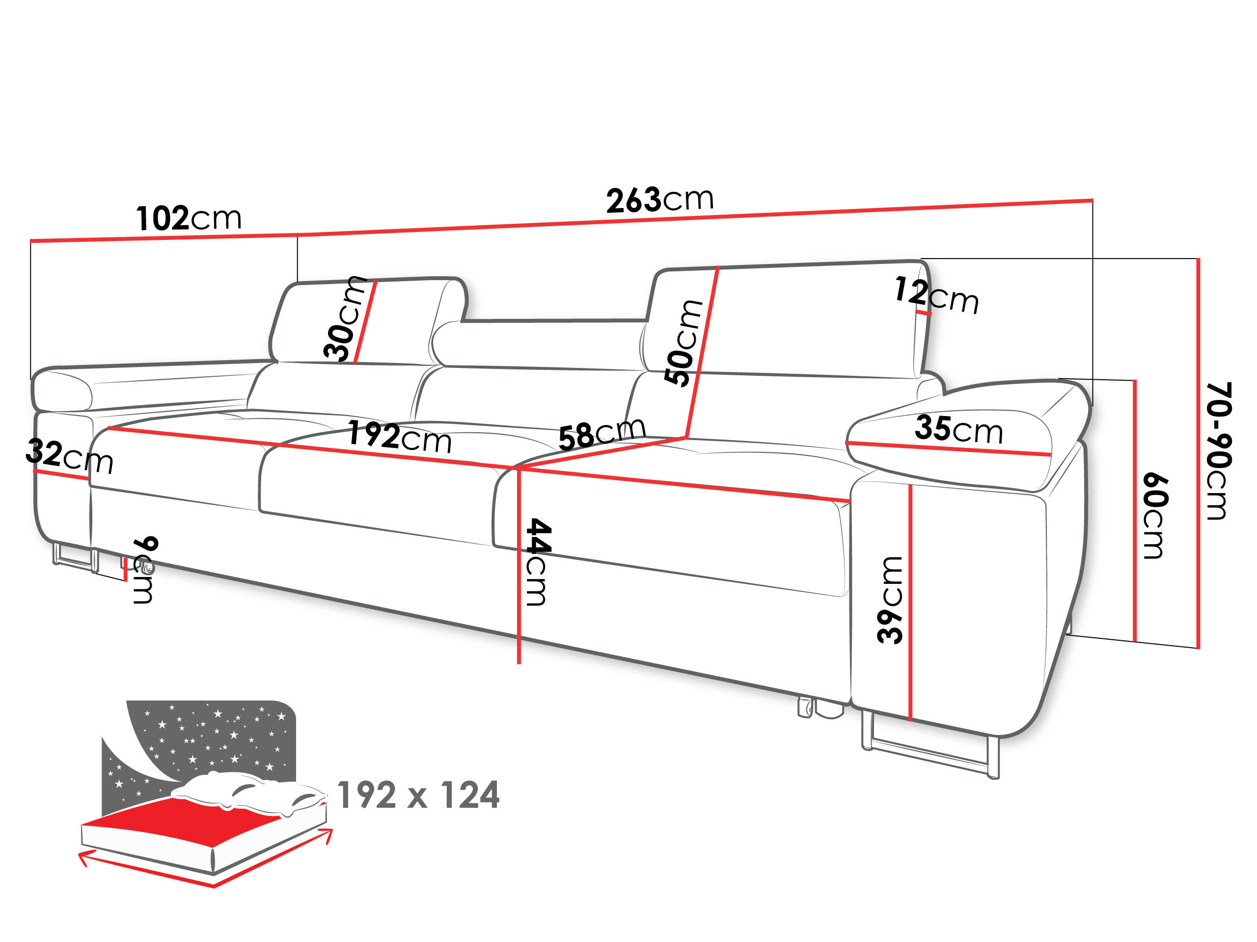 Thumbnail - Mirjan24 Schlafsofa, Schwarz, Textil, 3-Sitzer, Rechteckig, 263x90x102 cm, Wohnzimmer, Sofas & Couches, Schlafsofas