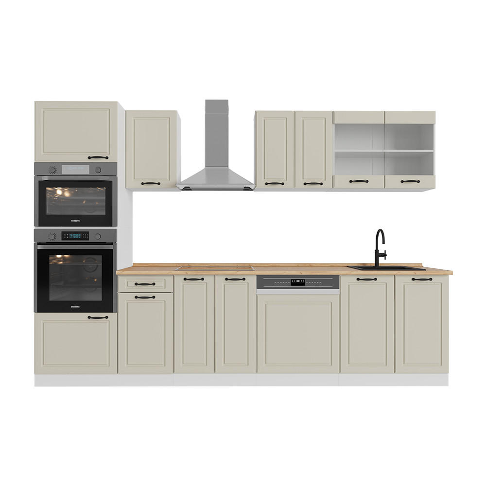 KÜCHENZEILE R-Line, Sand Landhaus/Weiß, 300 cm Arbeitsplatte Goldkraft Eiche - Beige/Weiß, Holzwerkstoff (300/206.8/60cm) - Vicco