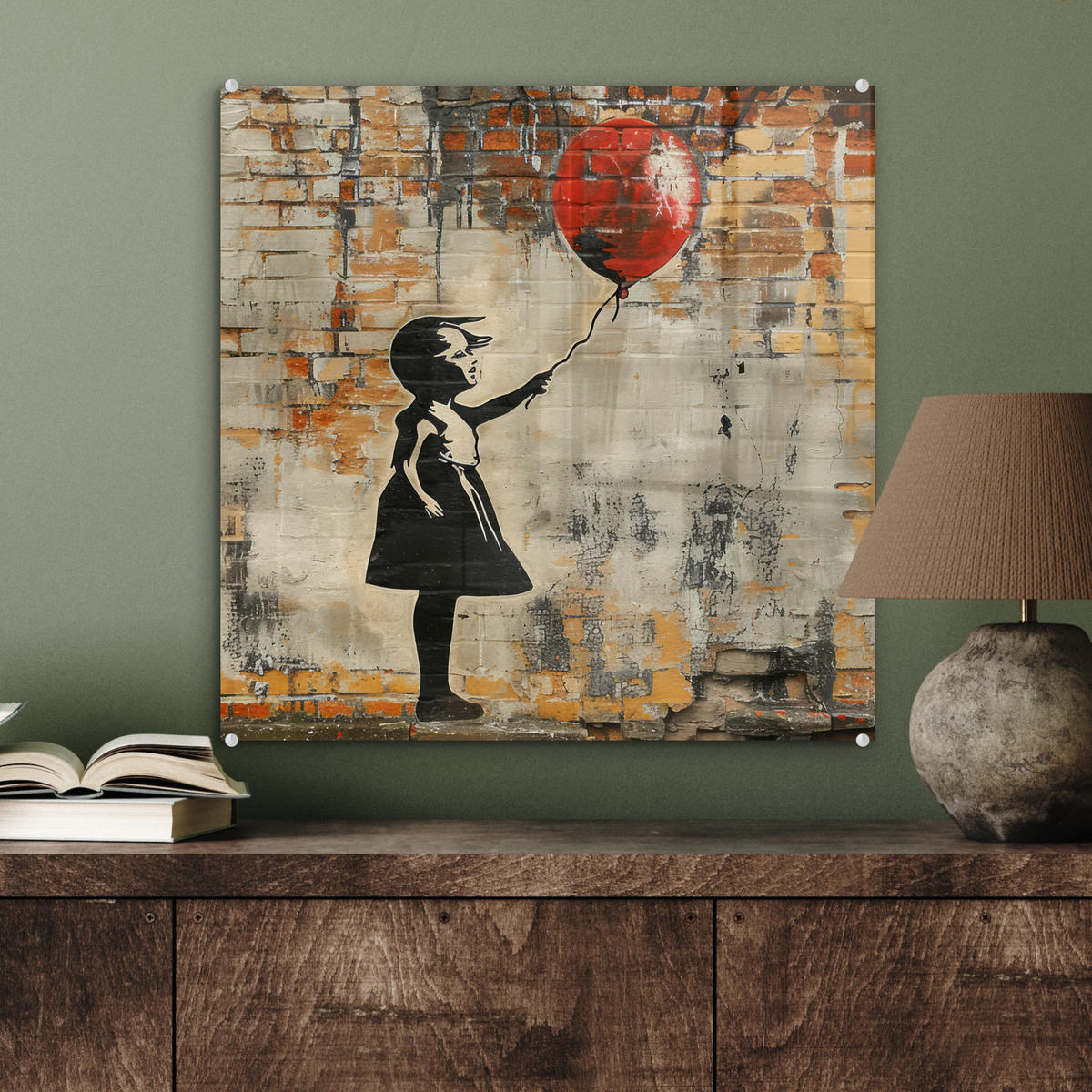 ACRYLGLASBILD Graffiti - Banksy - Mädchen - Straßenkunst 50x50 cm - Sandfarben, Glas (50/50cm) - MuchoWow
