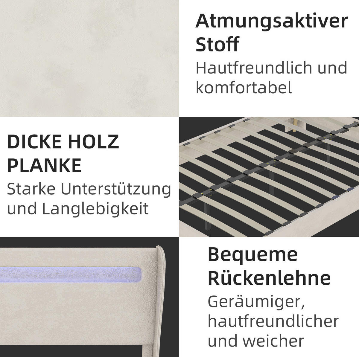 POLSTERBETT 160/200 cm beige aus Stoff und Metall mit LED und verstellbarer Rückenlehne - Beige, Textil (160/200cm) - OKWISH