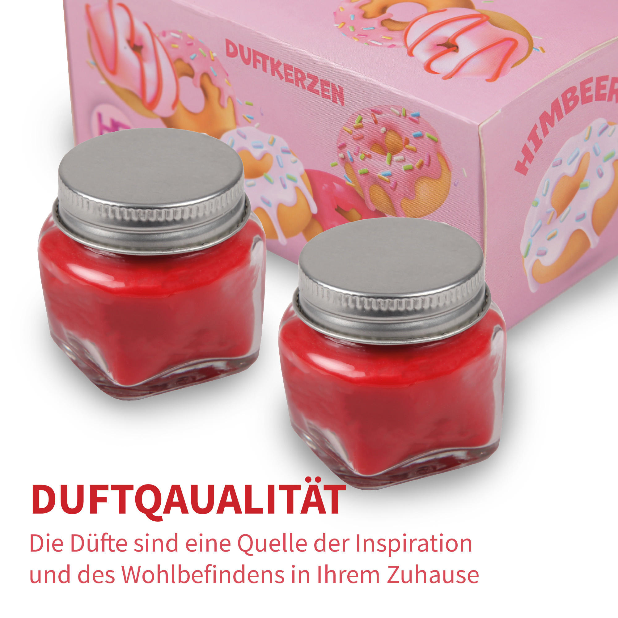 DUFTKERZE im Glas "Donut Himbeere" mit Deckel, 2er Pack mit je ca. 7 Std. Brenndauer, Ø6cm, Raumduft als Geschenk und Dekoration - Rosa, Glas (6/5cm) - HS Candle
