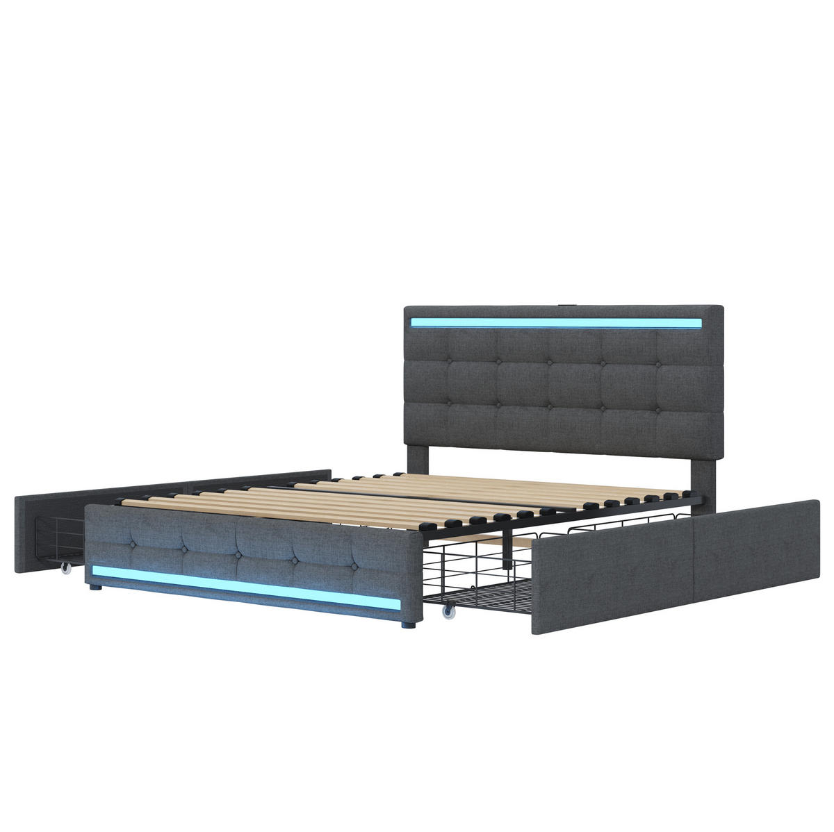 ČALOUNĚNÁ postel 140/200 cm šedá, čalouněná s LED osvětlením, USB a úložnými zásuvkami - šedá, textil (140/200cm) - BEAOK