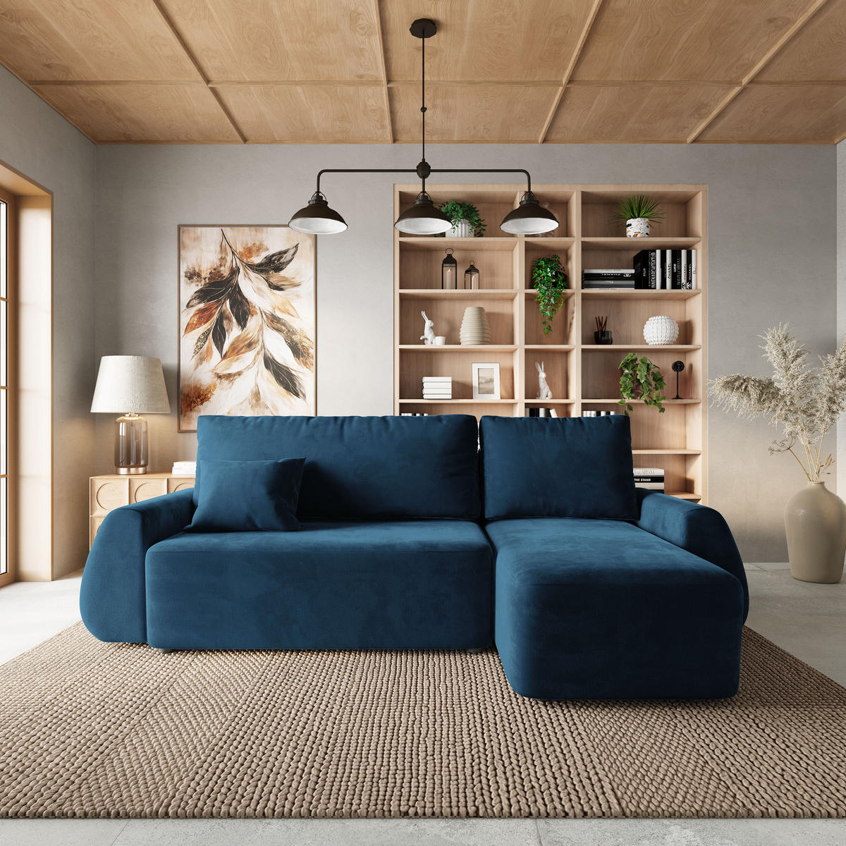 ECKSOFA GALVIS Blau Velours-Stoff mit Schlaffunktion - Blau, Holz (256/156cm) - MASSENO