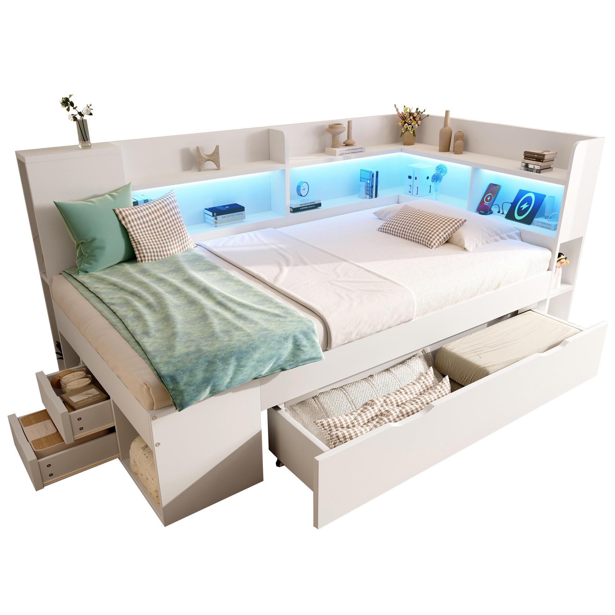 DENNÁ posteľ 90/200 cm biela z dreva s LED osvetlením USB a Typ-C nabíjaním a úložným priestorom - biela, kompozitné drevo (90/200cm) - OKWISH