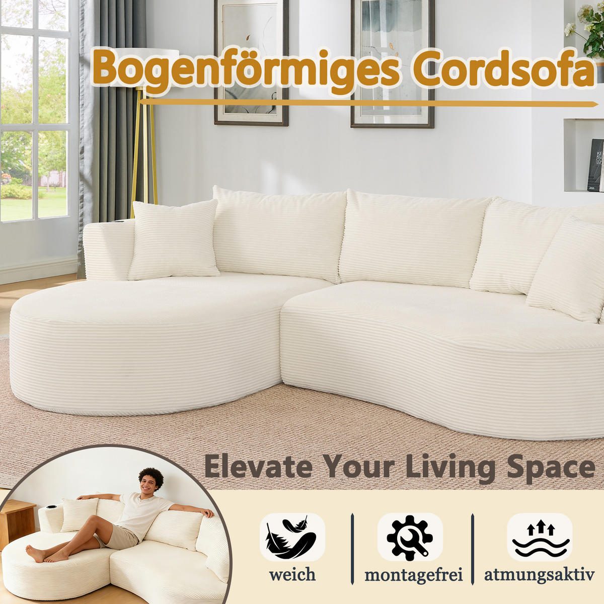 3-SITZER ECKSOFA Cord Beige mit Getränkehaltern und Kissen - Beige, Textil (264/168cm) - WISHDOR