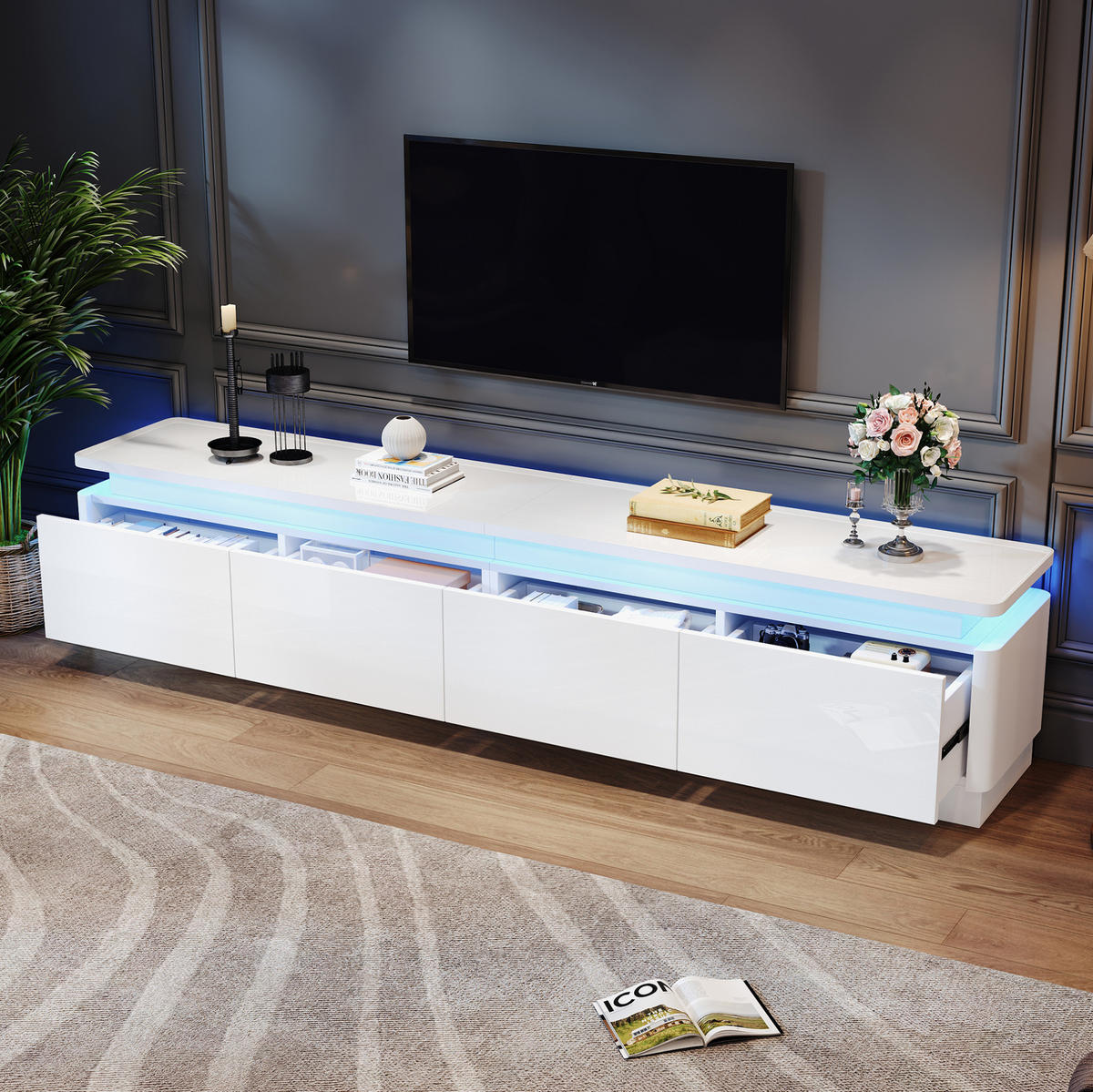 LOWBOARD 180/34/40 cm in Weiß aus Spanplatte mit LED-Beleuchtung und 4 Schubladen - Weiß, Holzwerkstoff (34/40/180cm) - OKMYHOME