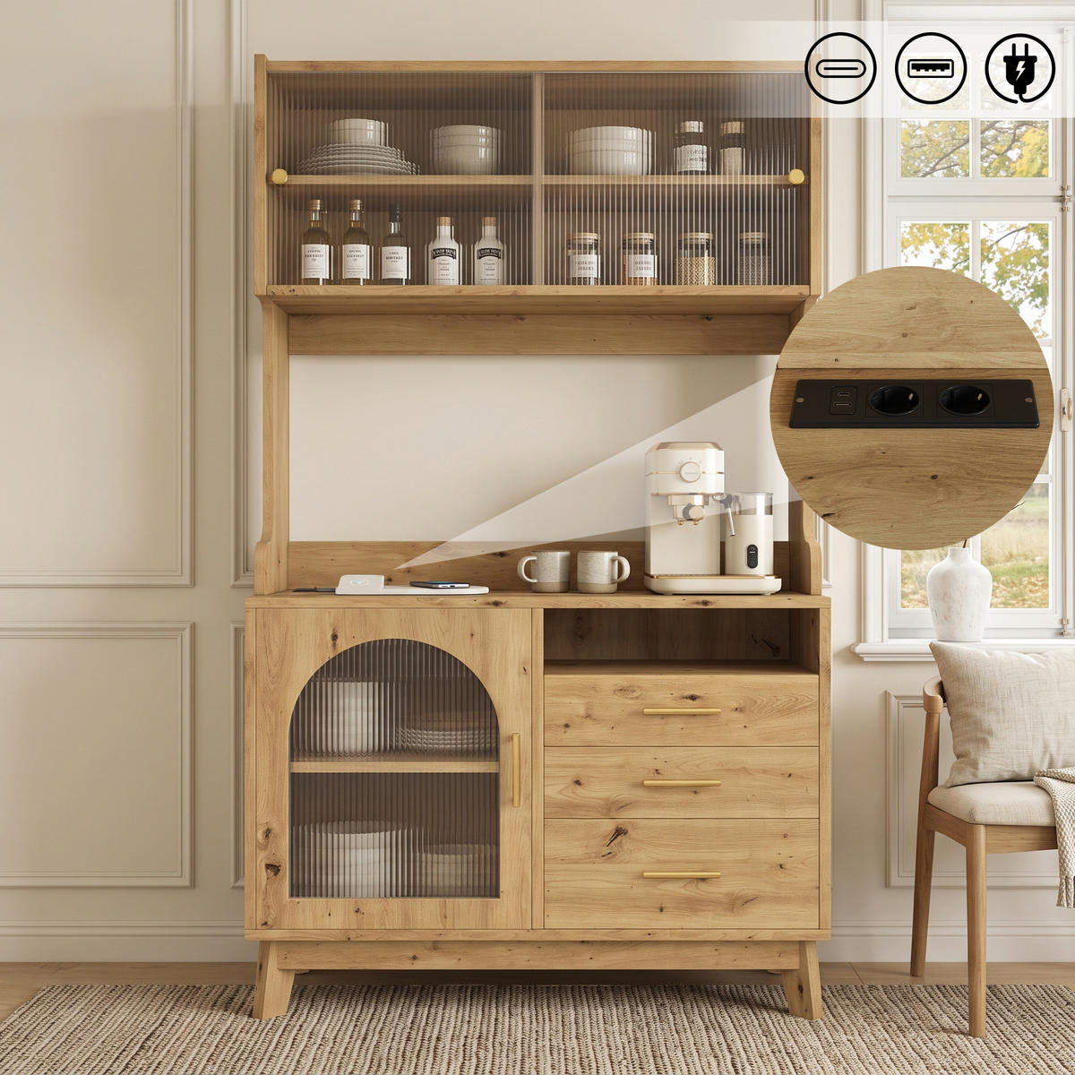 BUFFETSCHRANK 100,5x40x178 cm, 2 Steckdosen, USB-A/USB-C-Anschlüsse, Holzfarbe - Naturfarben, Holzwerkstoff (100.5/178/40cm) - FOHERE