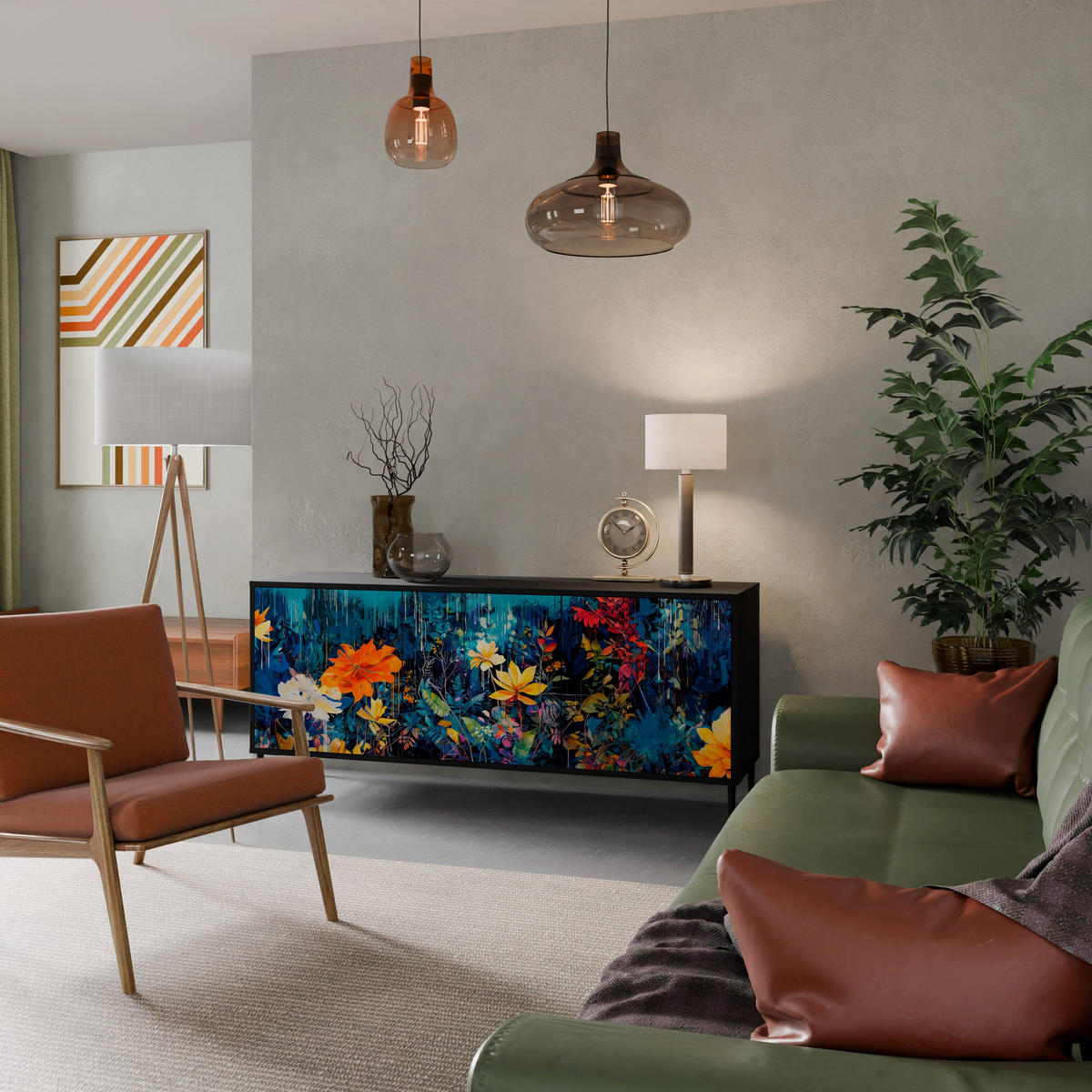 SIDEBOARD MIDNIGHT BLOSSOM, Eicheneffekt, 164,5x42x77,5 cm, 3 Türen - Eichefarben/Buchefarben, Holzwerkstoff/Buchenholz (164.5/77.5/42cm) - SpaceRebels
