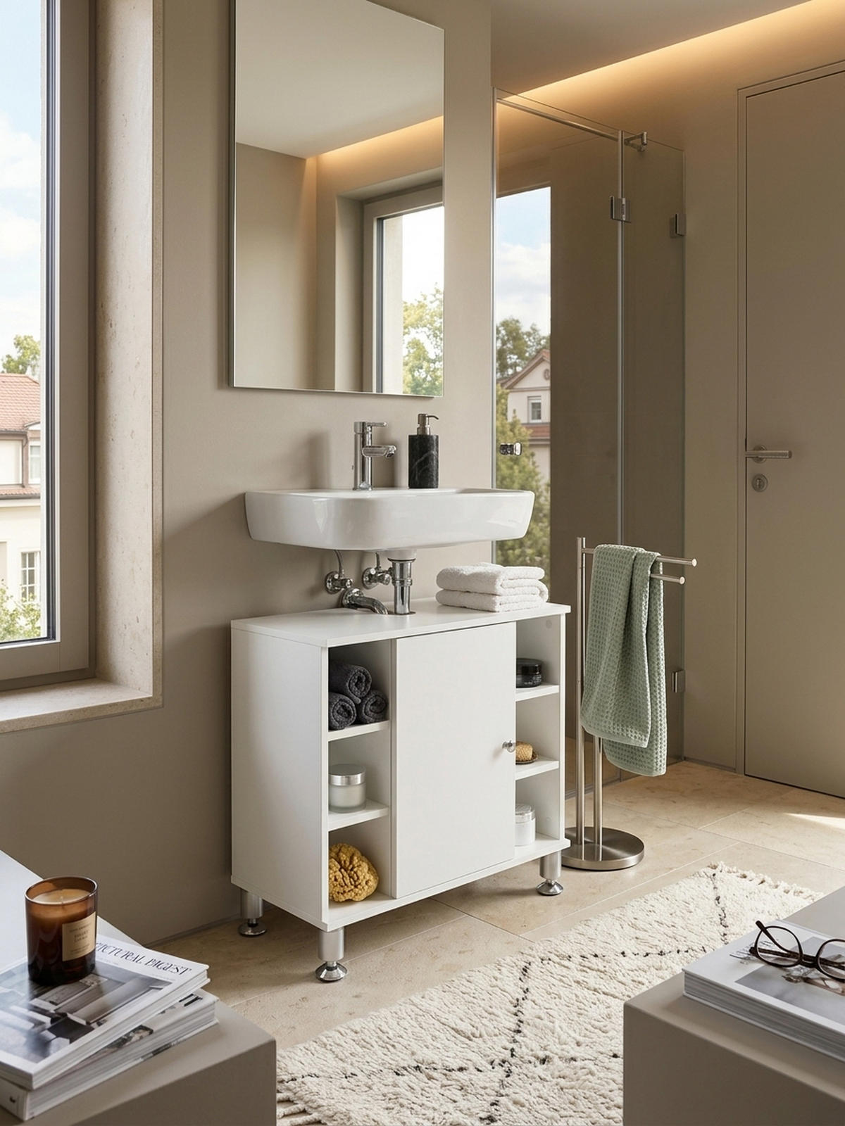 WASCHBECKENUNTERSCHRANK Weiß mit Chromdetails und justierbaren Füßen - Silberfarben/Weiß, Holz/Metall (60/64/32cm) - KADIMA DESIGN