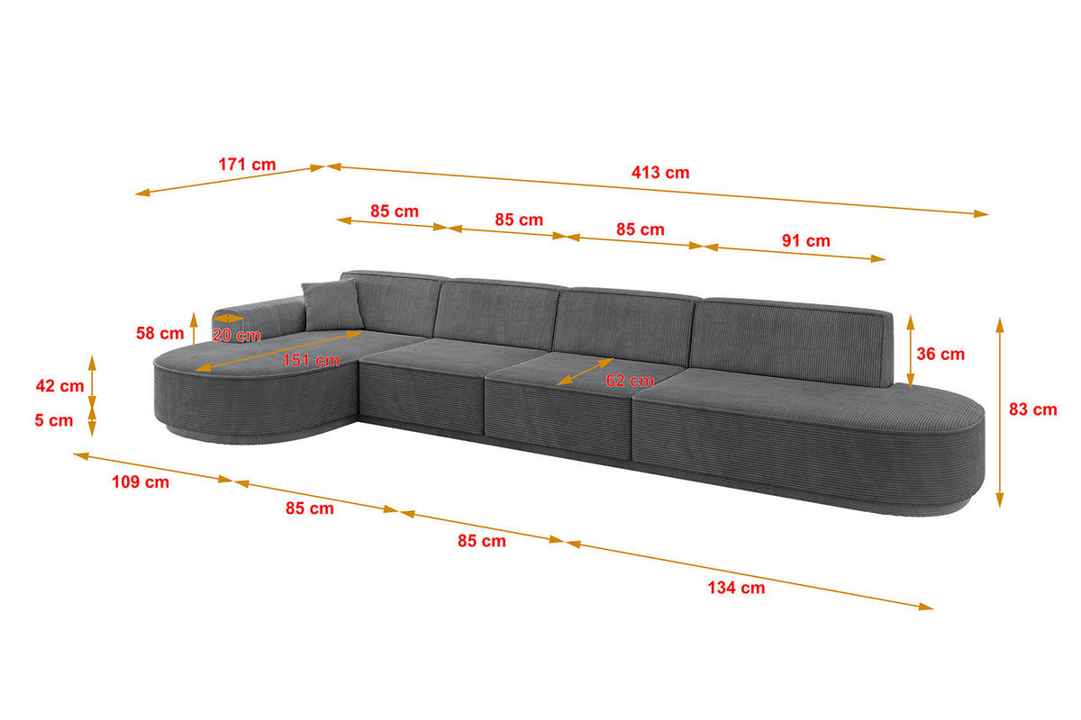 ECKSOFA Ottomane Links MARI-L3-v3 - 413x171x83 cm Dunkelgrau Cord - Dunkelgrau/Schwarz, Holzwerkstoff/Kunststoff (413/171cm) - ALTDECOR
